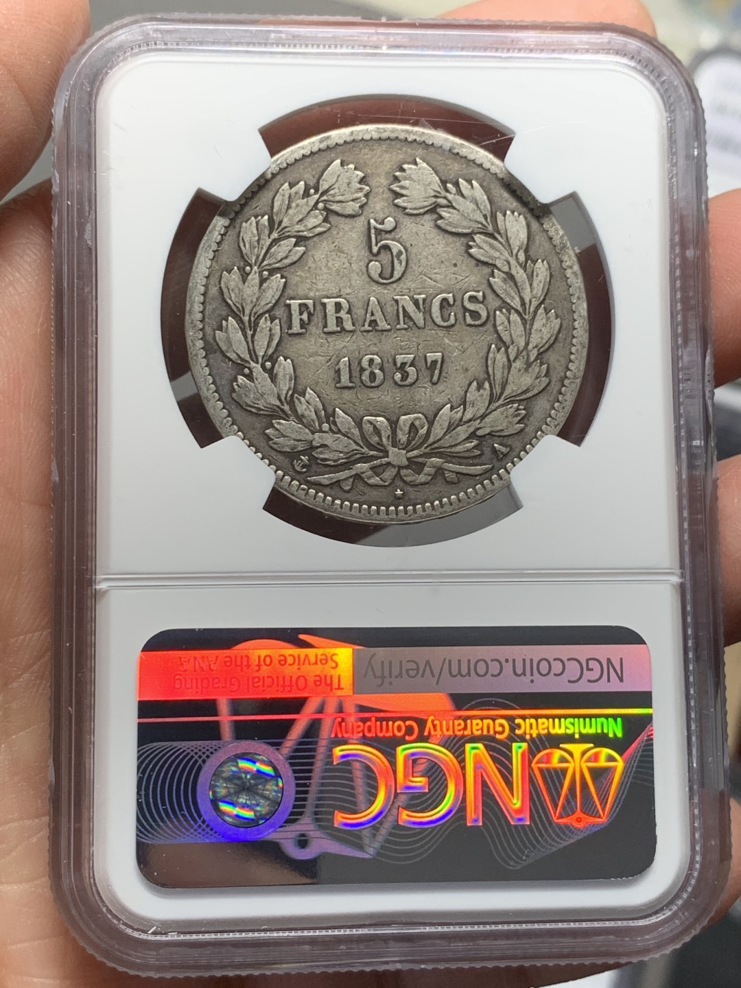 《竞宝斋》第135场-周日，周一连拍 (全场包邮) NGC XF40 法国 1837年 菲利普 5法郎 银币 原味包浆 状态不错
