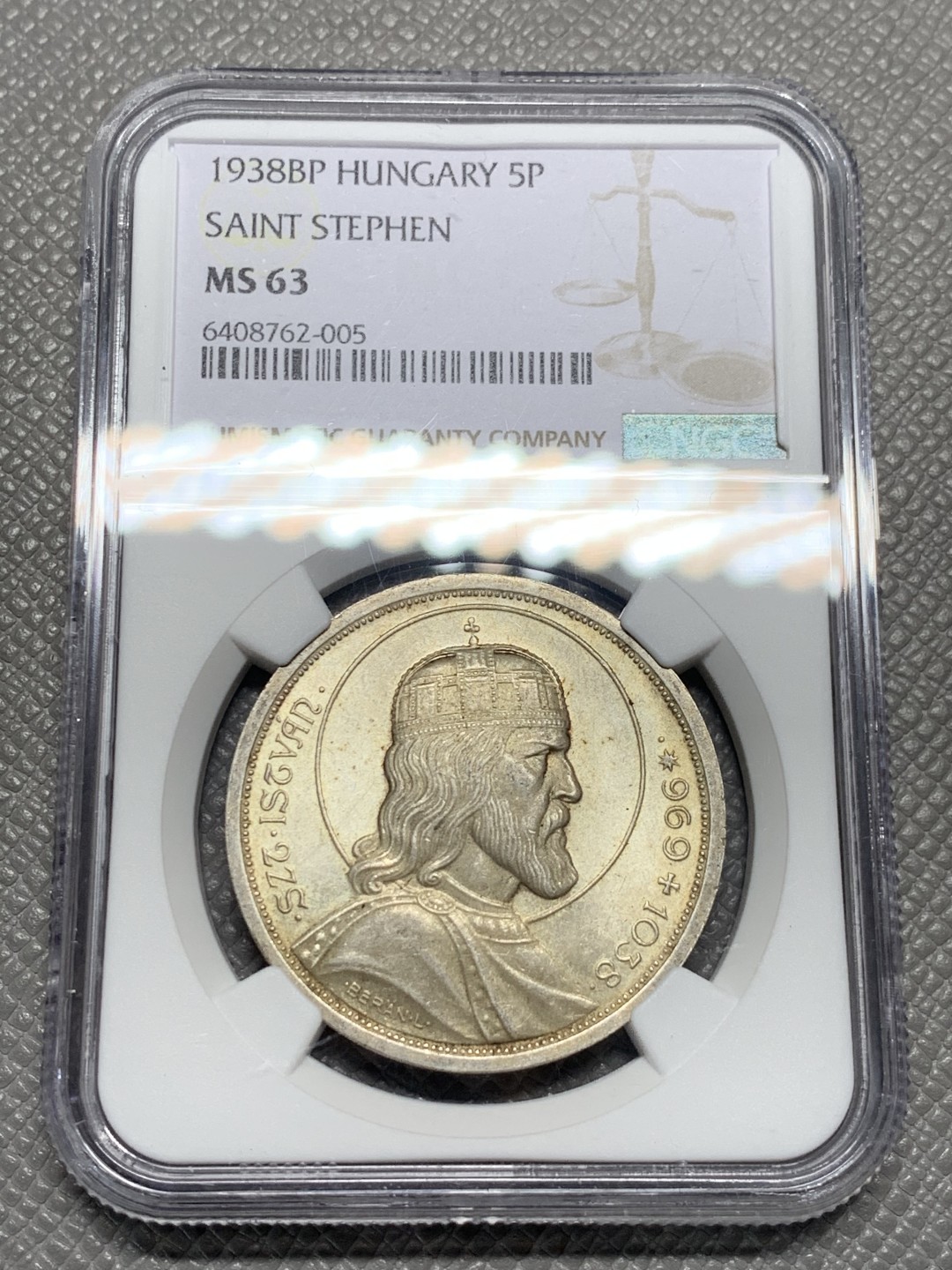 《竞宝斋》第135场-周日，周一连拍 (全场包邮) NGC-MS63 匈牙利1938年 斯蒂芬5潘果大银币 暴涨品种