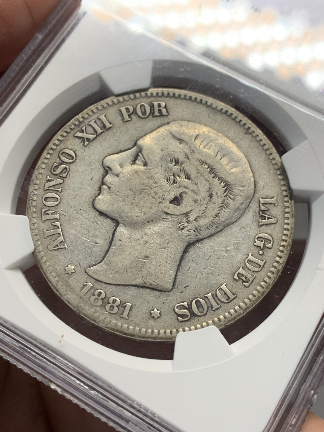 《竞宝斋》第135场-周日，周一连拍 (全场包邮) NGC-VF35 西班牙 1881(81)年 阿方索十二世5比塞塔银币 原味包浆