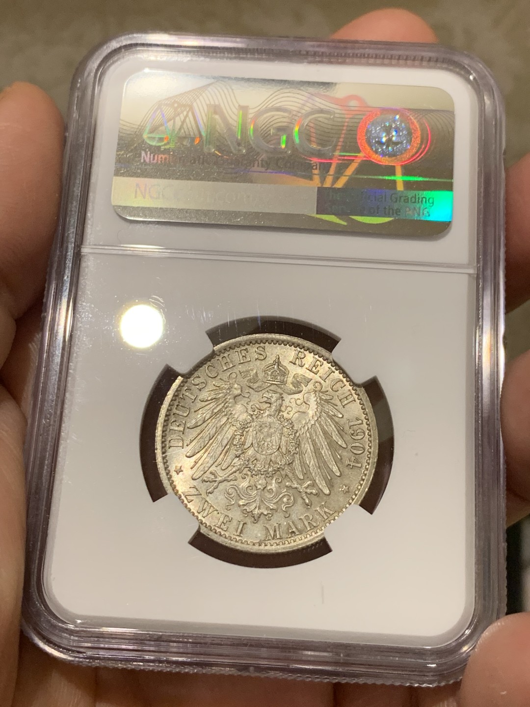 《竞宝斋》第135场-周日，周一连拍 (全场包邮) NGC-MS64 德国黑森1904年2马克银币 高品好细节