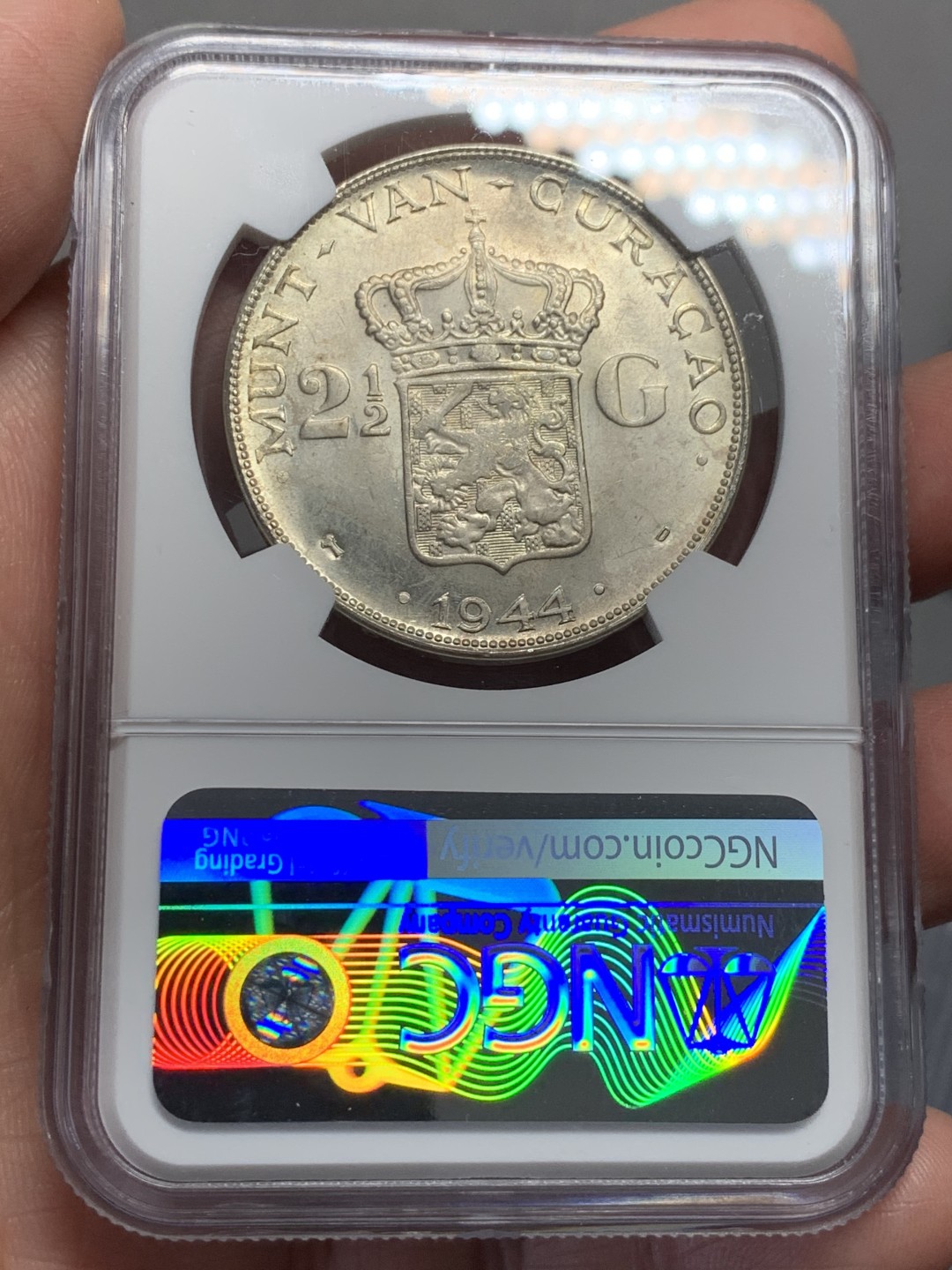 《竞宝斋》第135场-周日，周一连拍 (全场包邮) NGC-MS62 荷属库拉索群岛 1944年 威廉米娜女王2.5盾 大银币 殖民地银币稀少