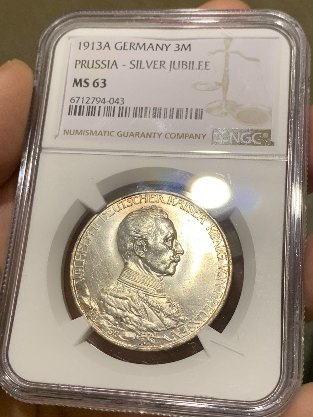 《竞宝斋》第135场-周日，周一连拍 (全场包邮) NGC-MS63 德国普鲁士1913年威廉二世在位25周年纪念3马克银币