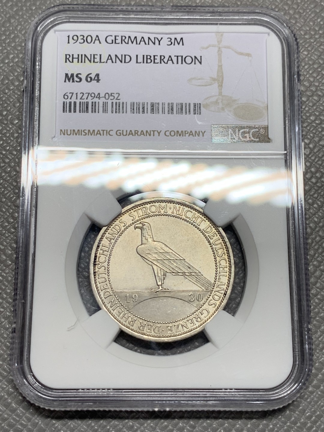 《竞宝斋》第135场-周日，周一连拍 (全场包邮) NGC-MS64 魏玛德国1930年莱茵解放 鹰桥3马克纪念银币