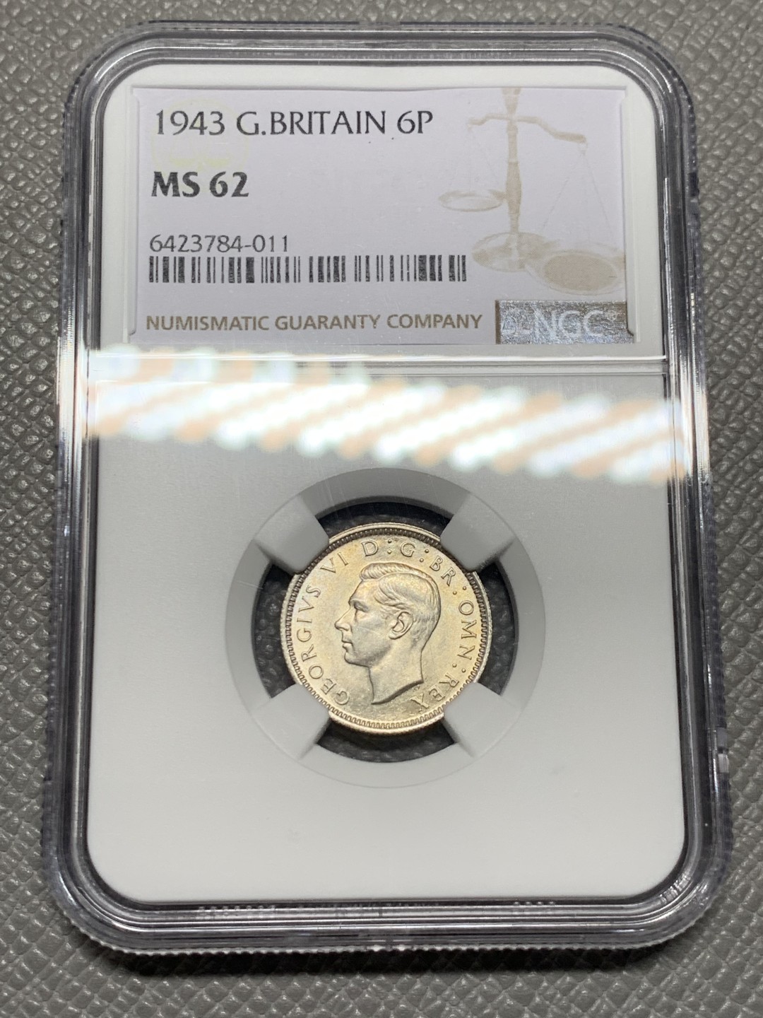 《竞宝斋》第135场-周日，周一连拍 (全场包邮) NGC-MS62 英国1943年 乔六6便士银币