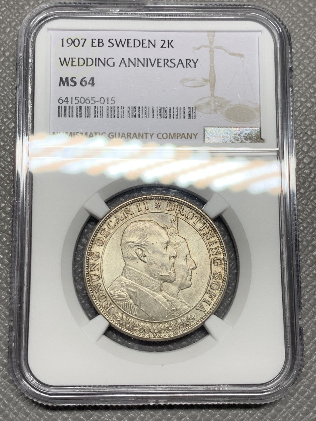 《竞宝斋》第135场-周日，周一连拍 (全场包邮) NGC MS64 瑞典1907 金婚2克朗银币