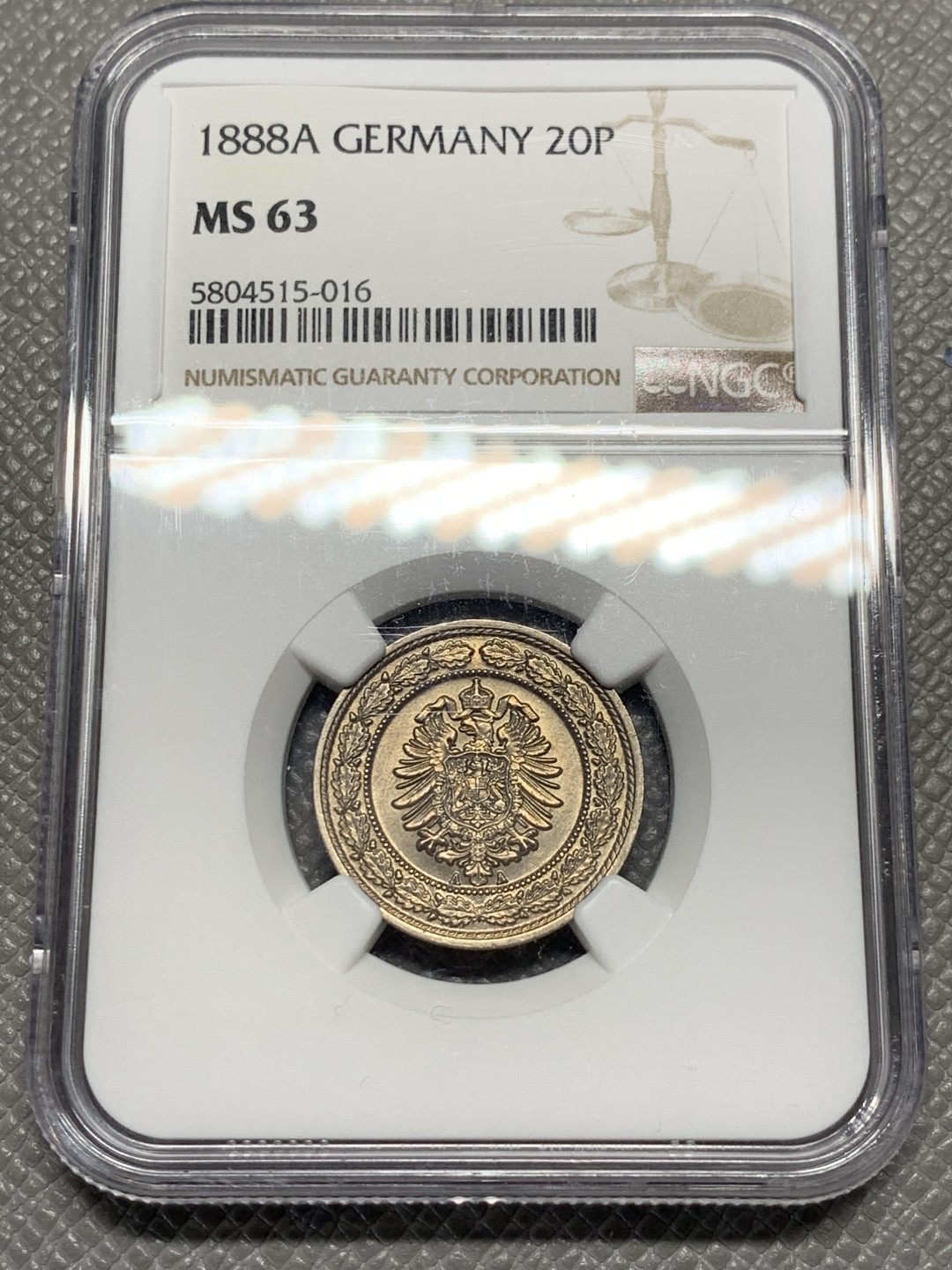 《竞宝斋》第135场-周日，周一连拍 (全场包邮) NGC-MS63 德国 1888年 短翅-20芬尼镍