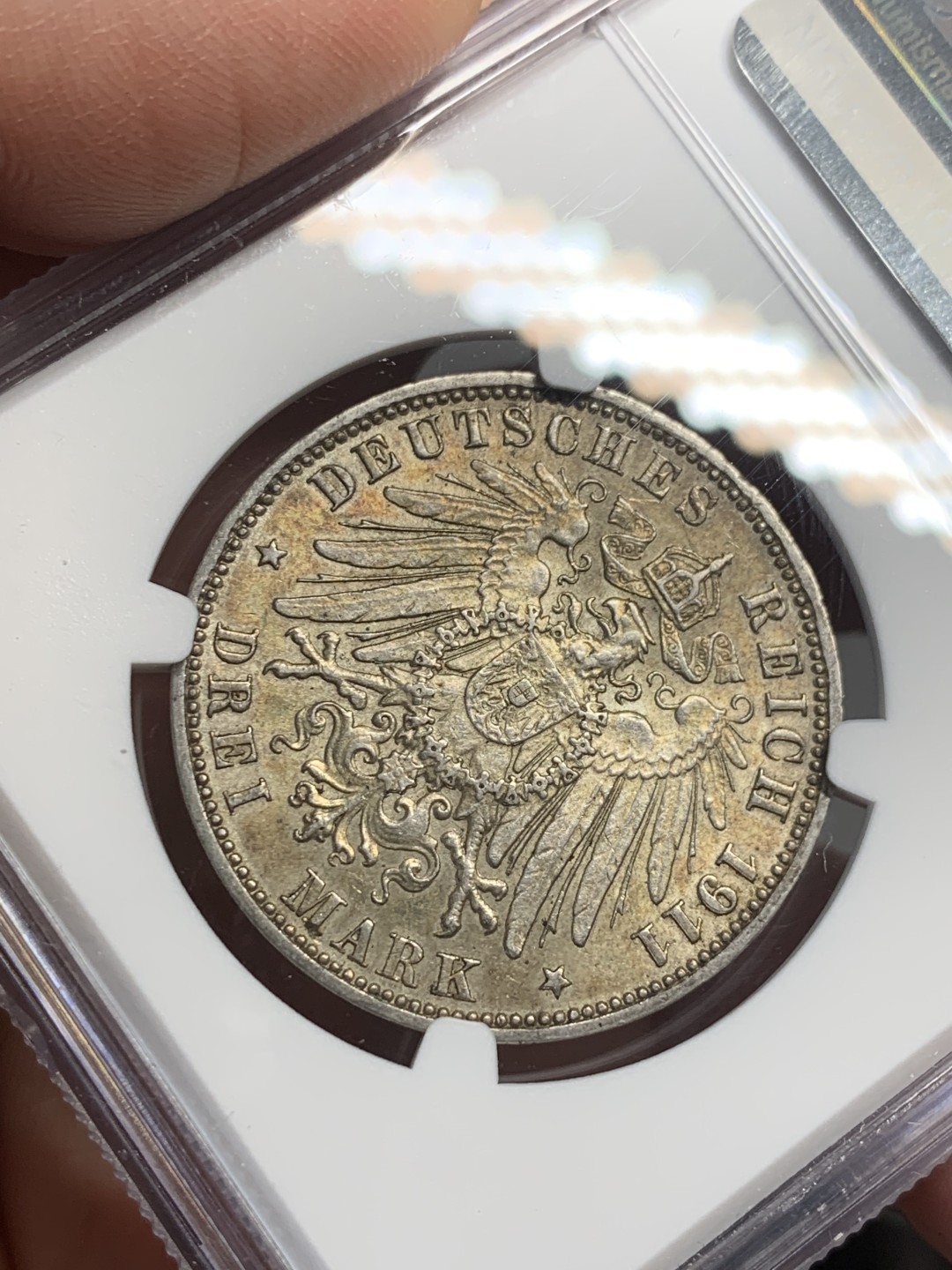 《竞宝斋》第135场-周日，周一连拍 (全场包邮) NGC-MS62 德国1911年 双狮盾牌3马克银币 淡彩