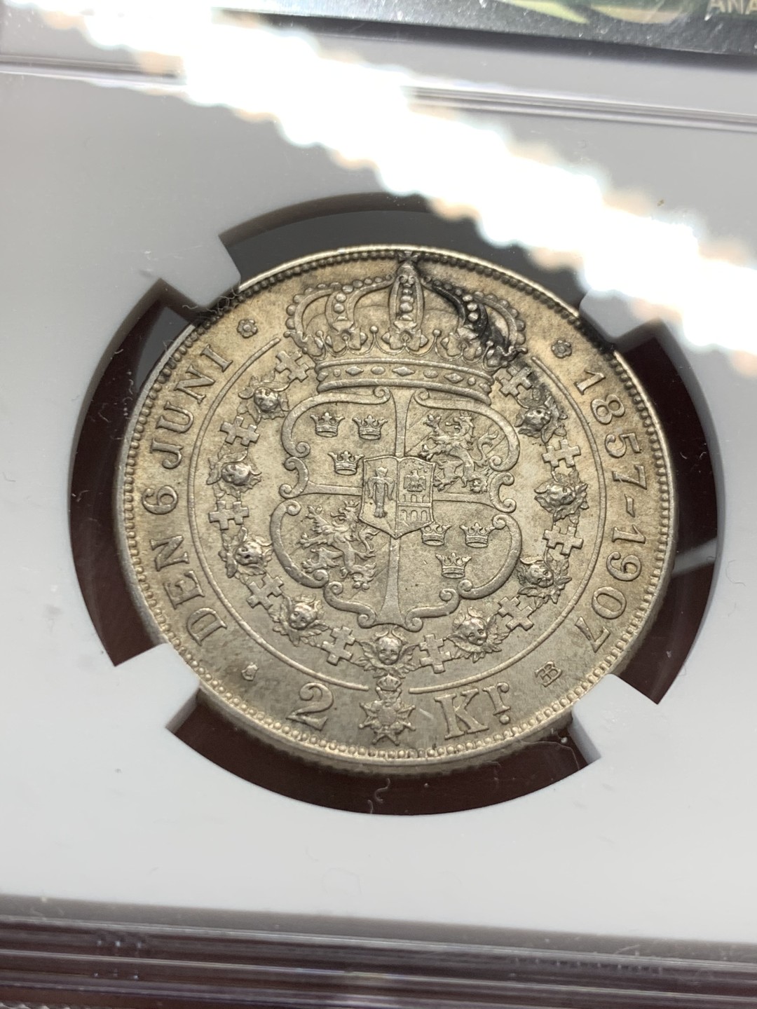 《竞宝斋》第135场-周日，周一连拍 (全场包邮) NGC MS64 瑞典1907 金婚2克朗银币