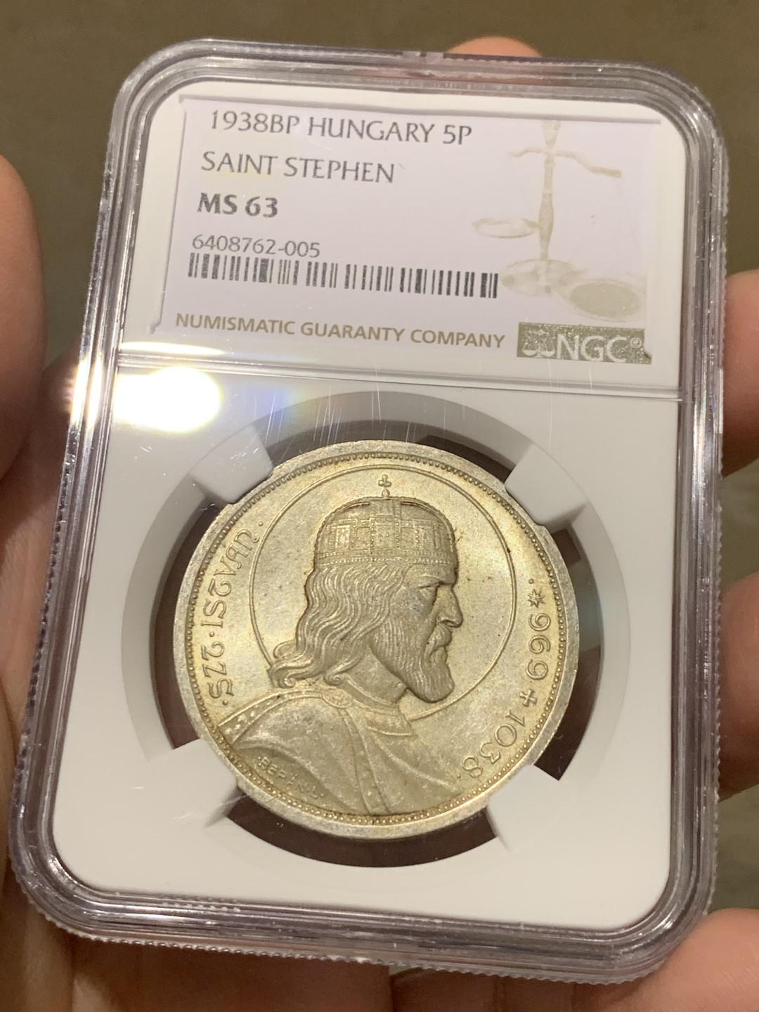 《竞宝斋》第135场-周日，周一连拍 (全场包邮) NGC-MS63 匈牙利1938年 斯蒂芬5潘果大银币 暴涨品种