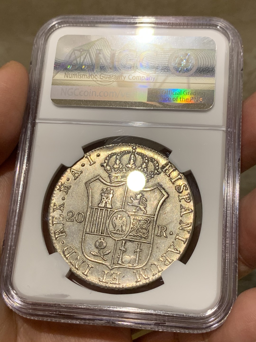 《竞宝斋》第135场-周日，周一连拍 (全场包邮) NGC AU 1810年 法占西班牙 约瑟夫拿破仑20R银币，细节极佳 发丝清晰