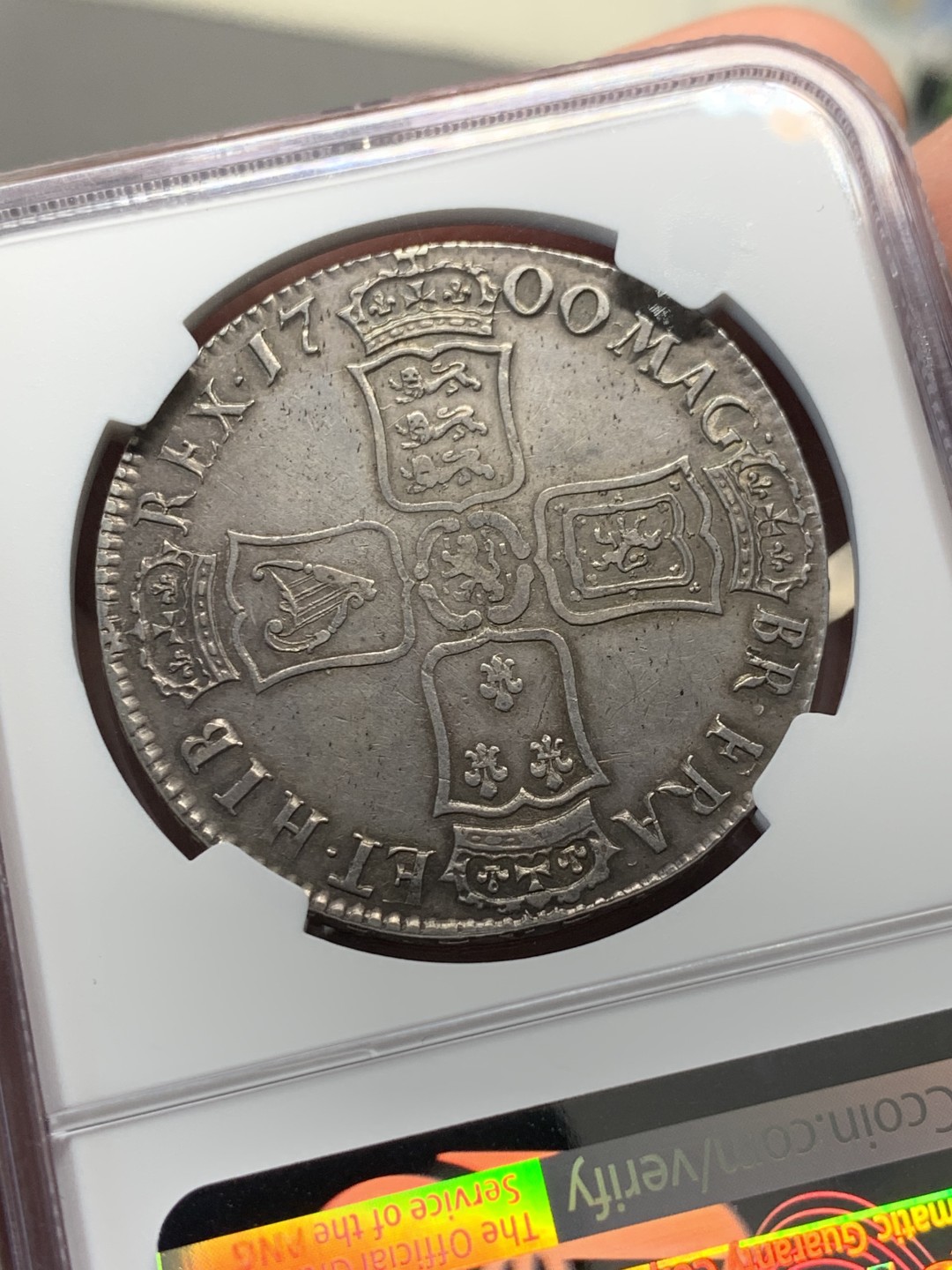 《竞宝斋》第135场-周日，周一连拍 (全场包邮) NGC-XF45 英国1700年 威廉三世1克朗大银币 原味三百年老包浆 非常漂亮