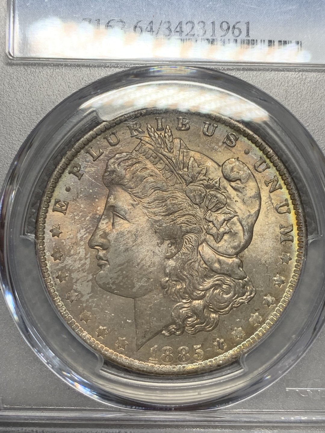 《竞宝斋》第135场-周日，周一连拍 (全场包邮) PCGS-MS64 美国1885年 摩根银币 光度好 蓝绿包浆 非常漂亮