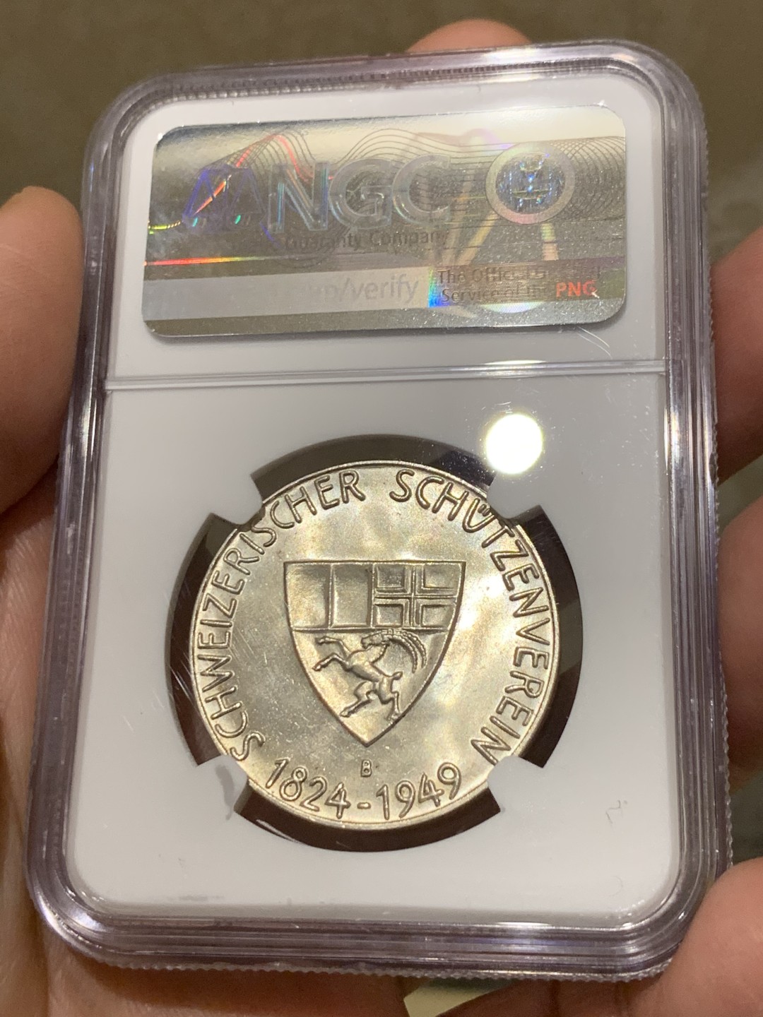 《竞宝斋》第135场-周日，周一连拍 (全场包邮) NGC-MS65 瑞士1949年射击节纪念银章 少见品种