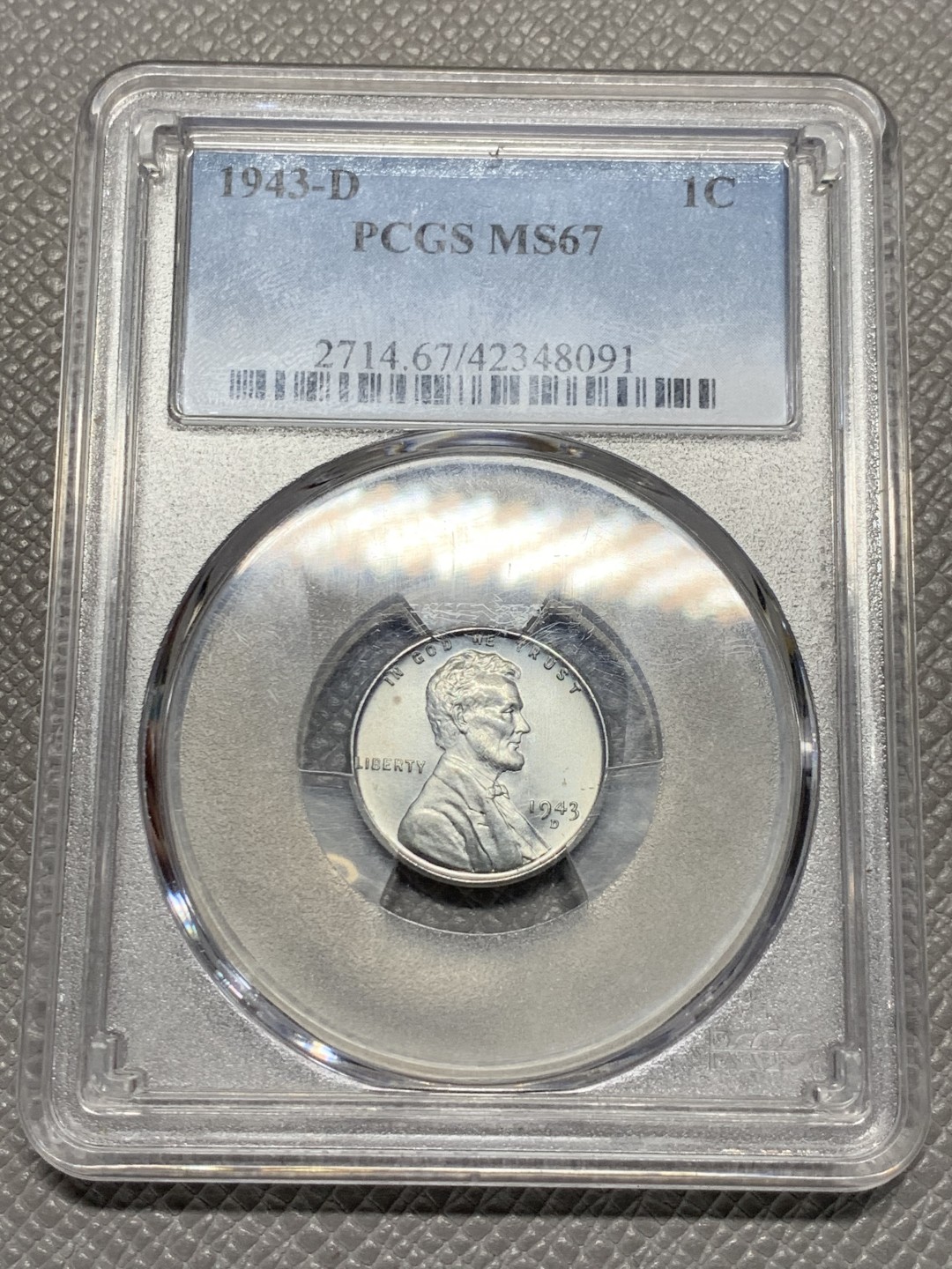 《竞宝斋》第135场-周日，周一连拍 (全场包邮) PCGS MS67 美国 1943年 林肯铁分 单一发行年份 二战大量流通 好品少 高分更少 该枚顶级品 林肯分种类 该枚一枚毕业