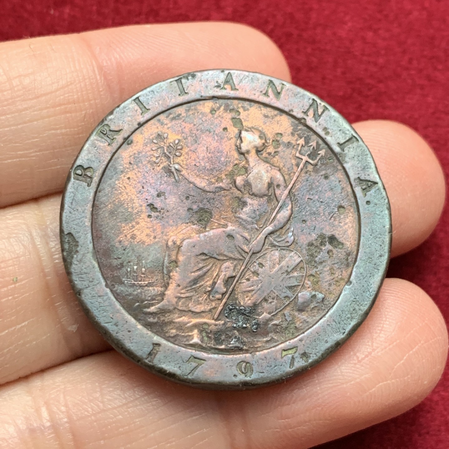 《竞宝斋》第135场-周日，周一连拍 (全场包邮) 英国 1797年 车轮款 1便士 大铜币 重达28.5克， 因为太重 大量回炉 导致少见 所见比2便士大车轮更少