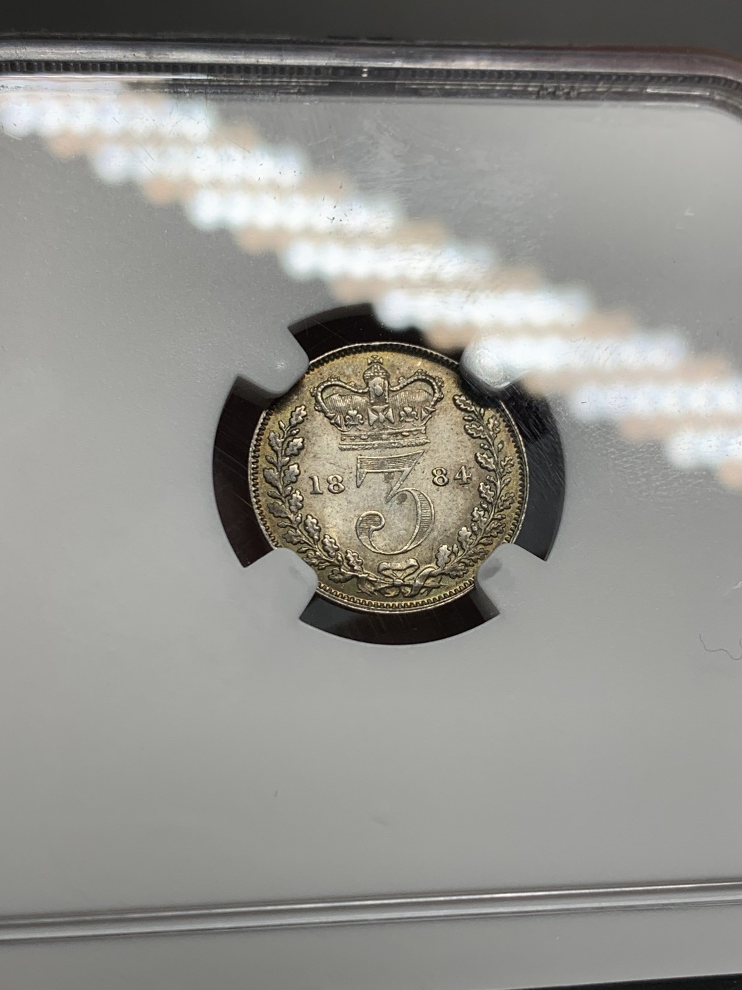 《竞宝斋》第135场-周日，周一连拍 (全场包邮) NGC MS 61 1884年英国小维3便士银币 原味好品