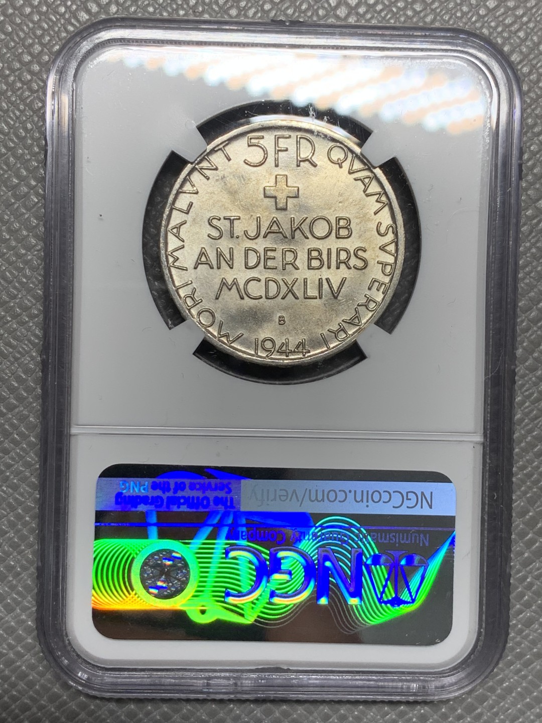 《竞宝斋》第135场-周日，周一连拍 (全场包邮) NGC-MS63 瑞士1944年 5法郎大银币 顶级好品