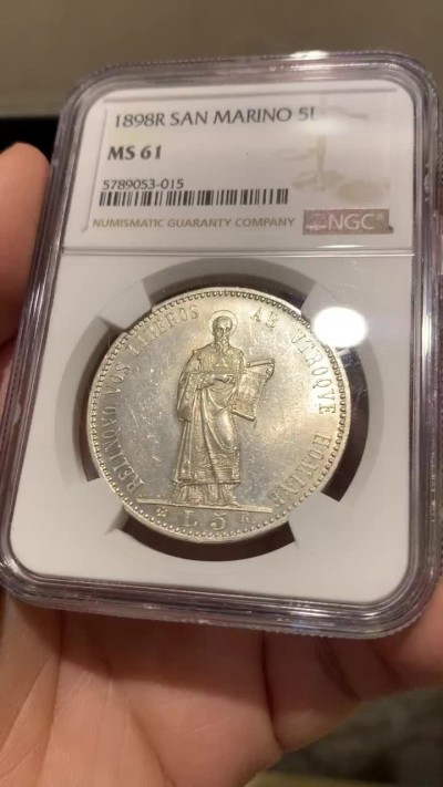 《竞宝斋》第135场-周日，周一连拍 (全场包邮) NGC MS61 圣马力诺 1898年R 5里拉 银币外拍热门品种