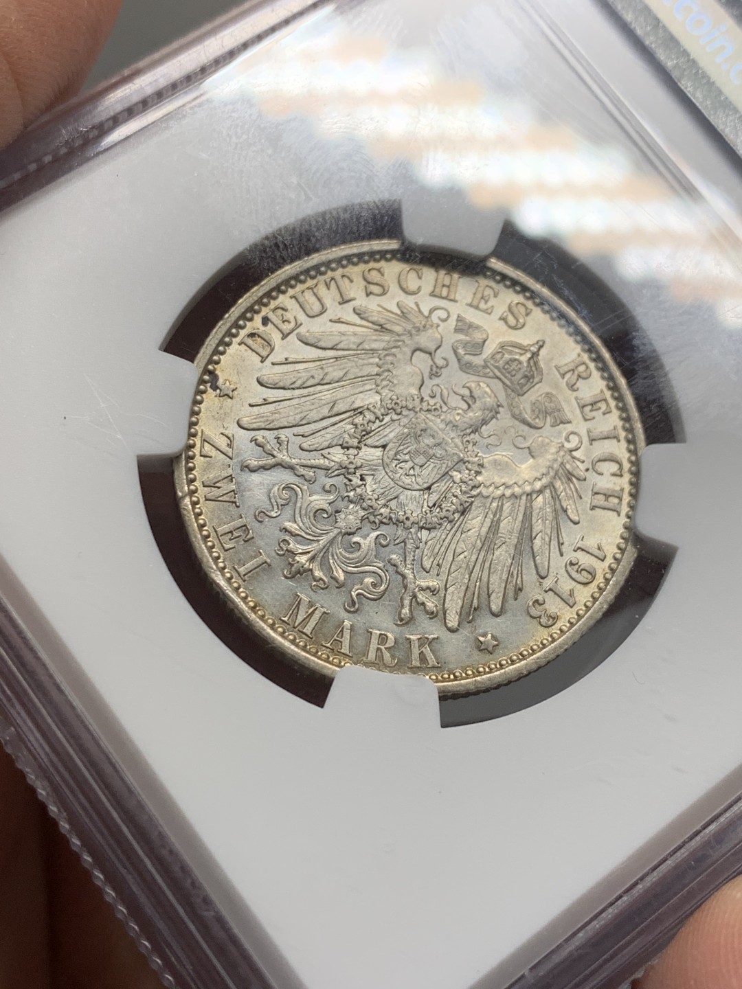 《竞宝斋》第135场-周日，周一连拍 (全场包邮) NGC UNC 德国普鲁士 1913年a军装花枝 二马克 银币 五彩包浆