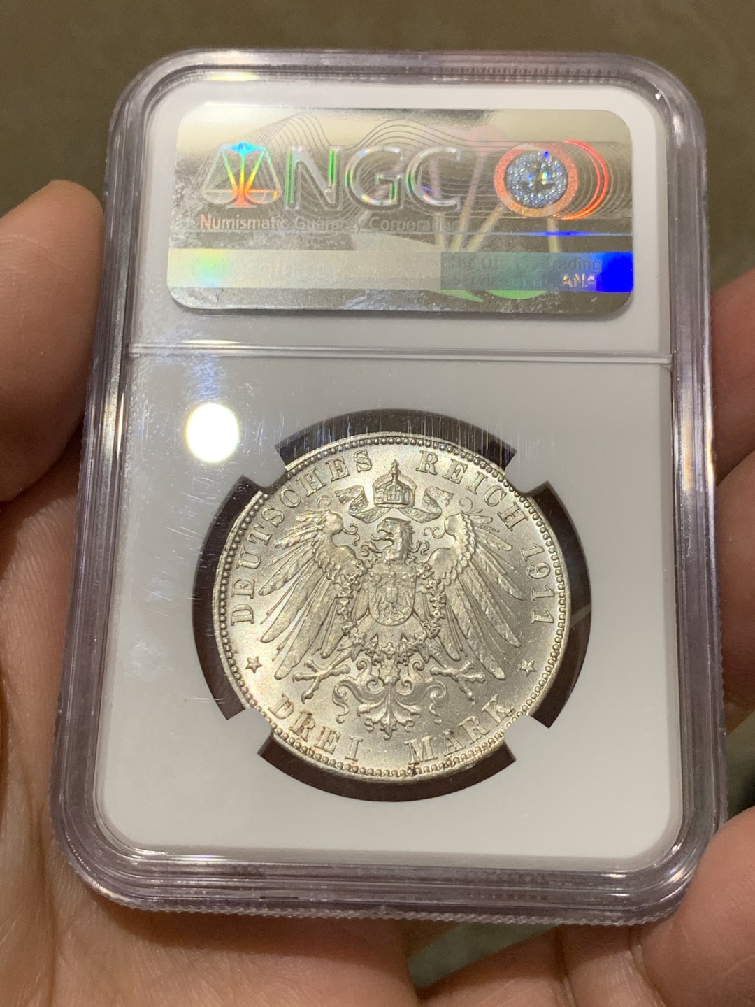 《竞宝斋》第135场-周日，周一连拍 (全场包邮) NGC MS64 德国 巴伐利亚 1911年 三马克 柳奥波德 90 诞辰纪念 银币 光度好 转光