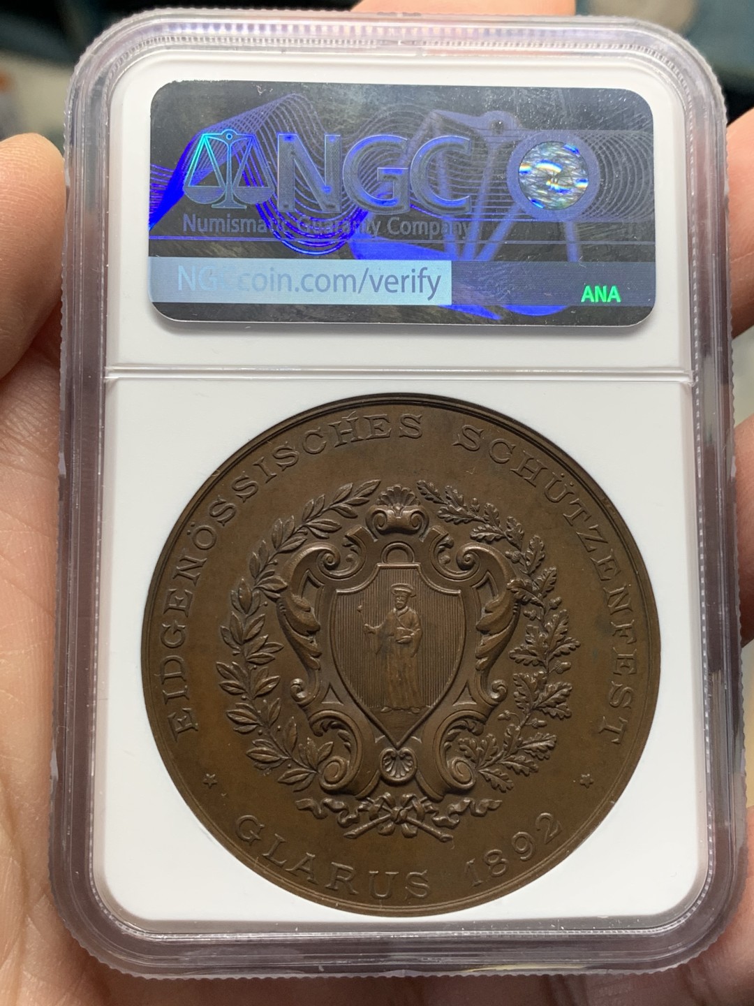 《竞宝斋》第135场-周日，周一连拍 (全场包邮) NGC MS63 瑞士 1892年 格拉鲁斯射击节 铜章 高点具在 巧克力包浆 品质可见
