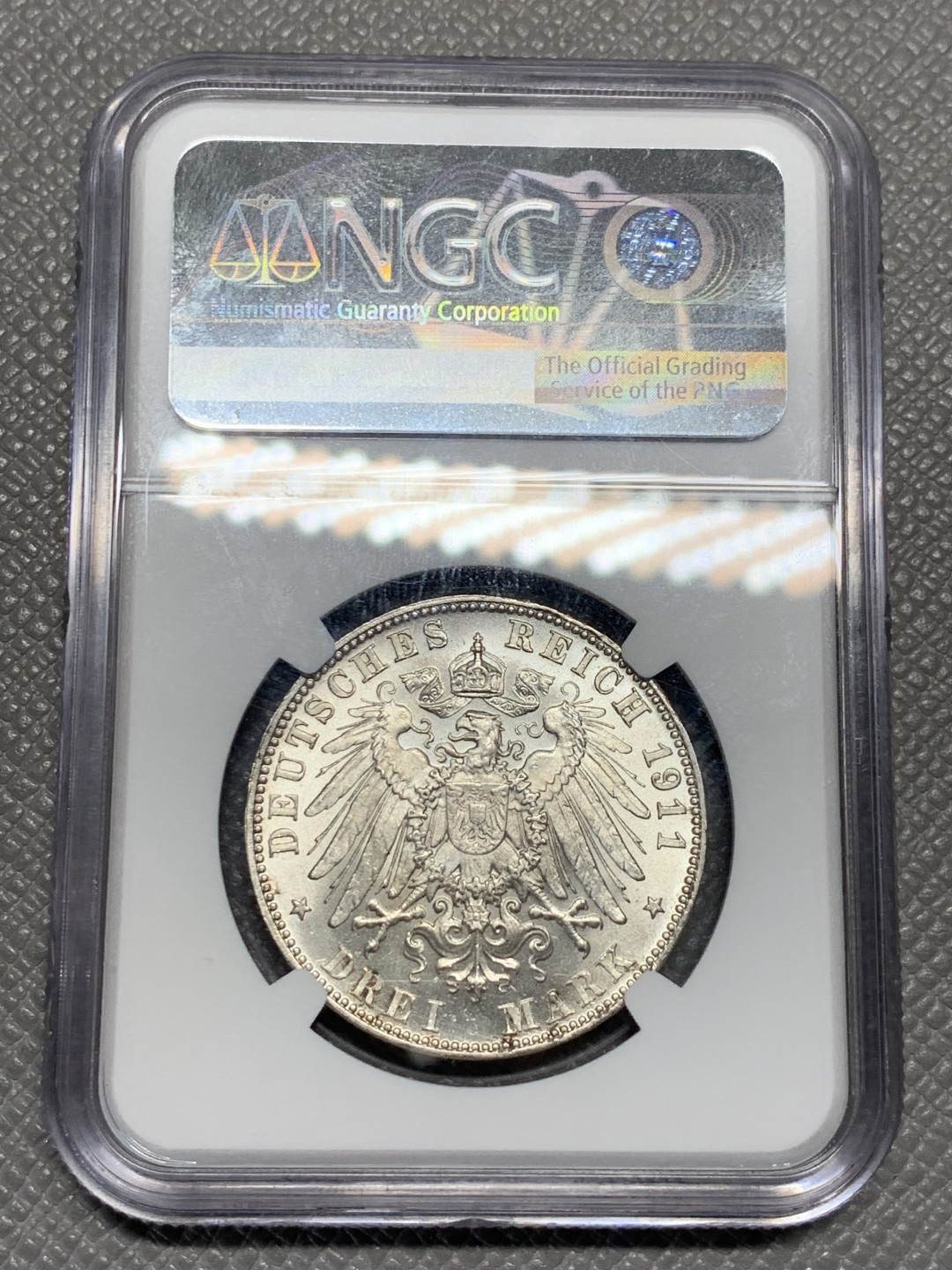 《竞宝斋》第135场-周日，周一连拍 (全场包邮) NGC MS64 德国 巴伐利亚 1911年 三马克 柳奥波德 90 诞辰纪念 银币 光度好 转光