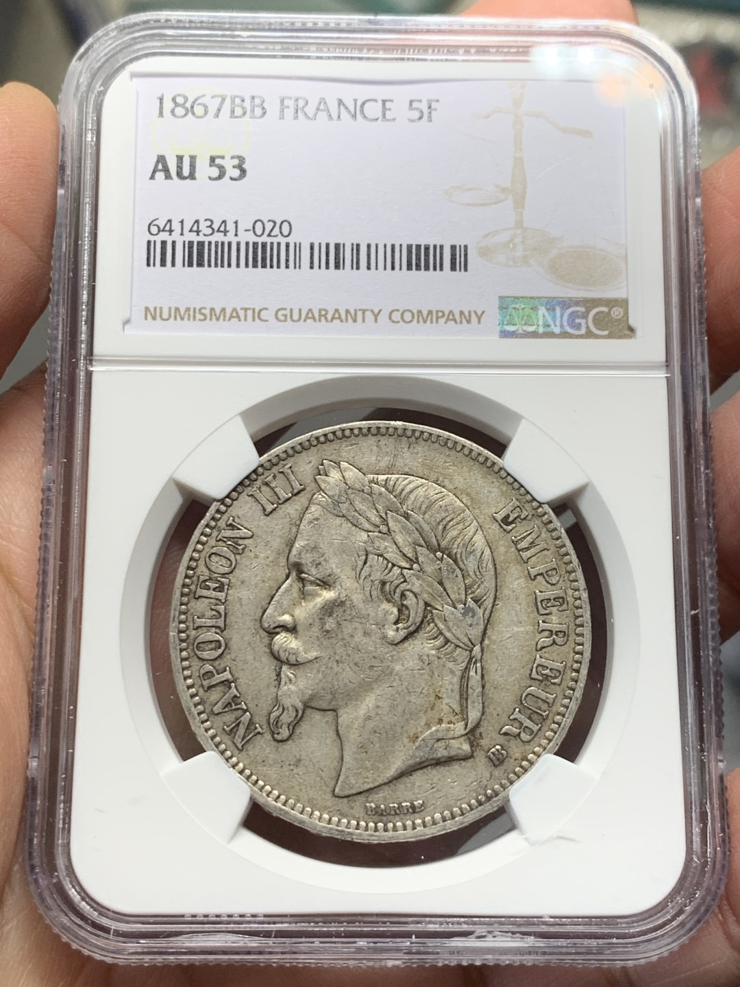 《竞宝斋》第135场-周日，周一连拍 (全场包邮) NGC AU53 法国 1867年 拿三 5法郎银币 原味好细节不多的年份
