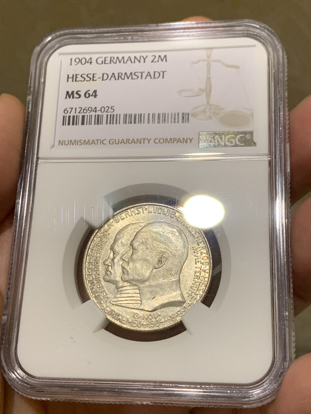 《竞宝斋》第135场-周日，周一连拍 (全场包邮) NGC-MS64 德国黑森1904年2马克银币 高品好细节