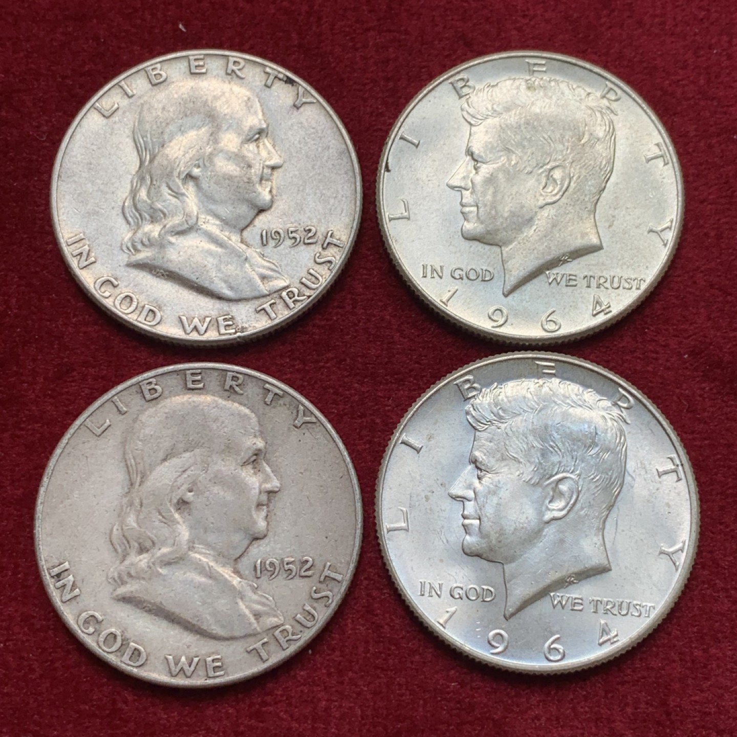 《竞宝斋》第135场-周日，周一连拍 (全场包邮) 美国900银 银币4枚 2枚富兰克林半美元，2枚肯尼迪半美元 单枚12.5克 都是高银版 合计50克900银