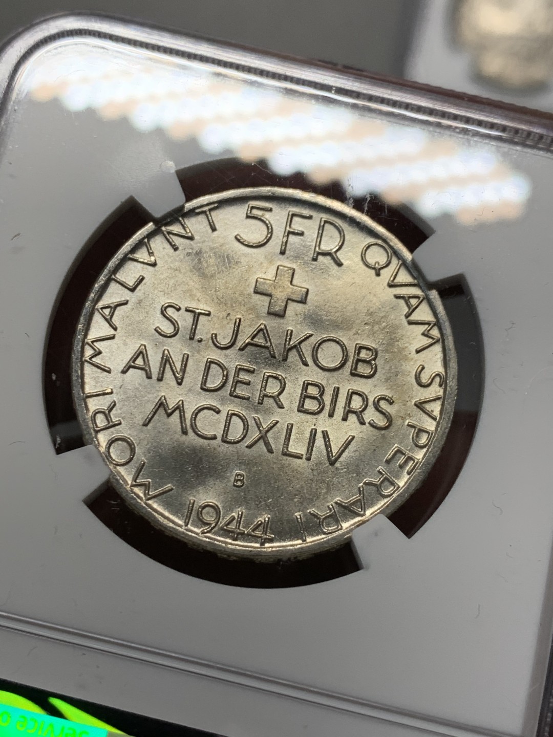 《竞宝斋》第135场-周日，周一连拍 (全场包邮) NGC-MS63 瑞士1944年 5法郎大银币 顶级好品