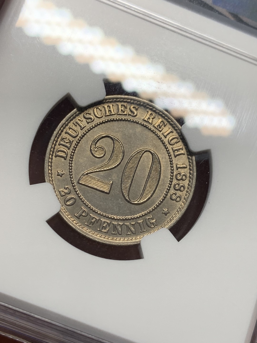 《竞宝斋》第135场-周日，周一连拍 (全场包邮) NGC-MS63 德国 1888年 短翅-20芬尼镍