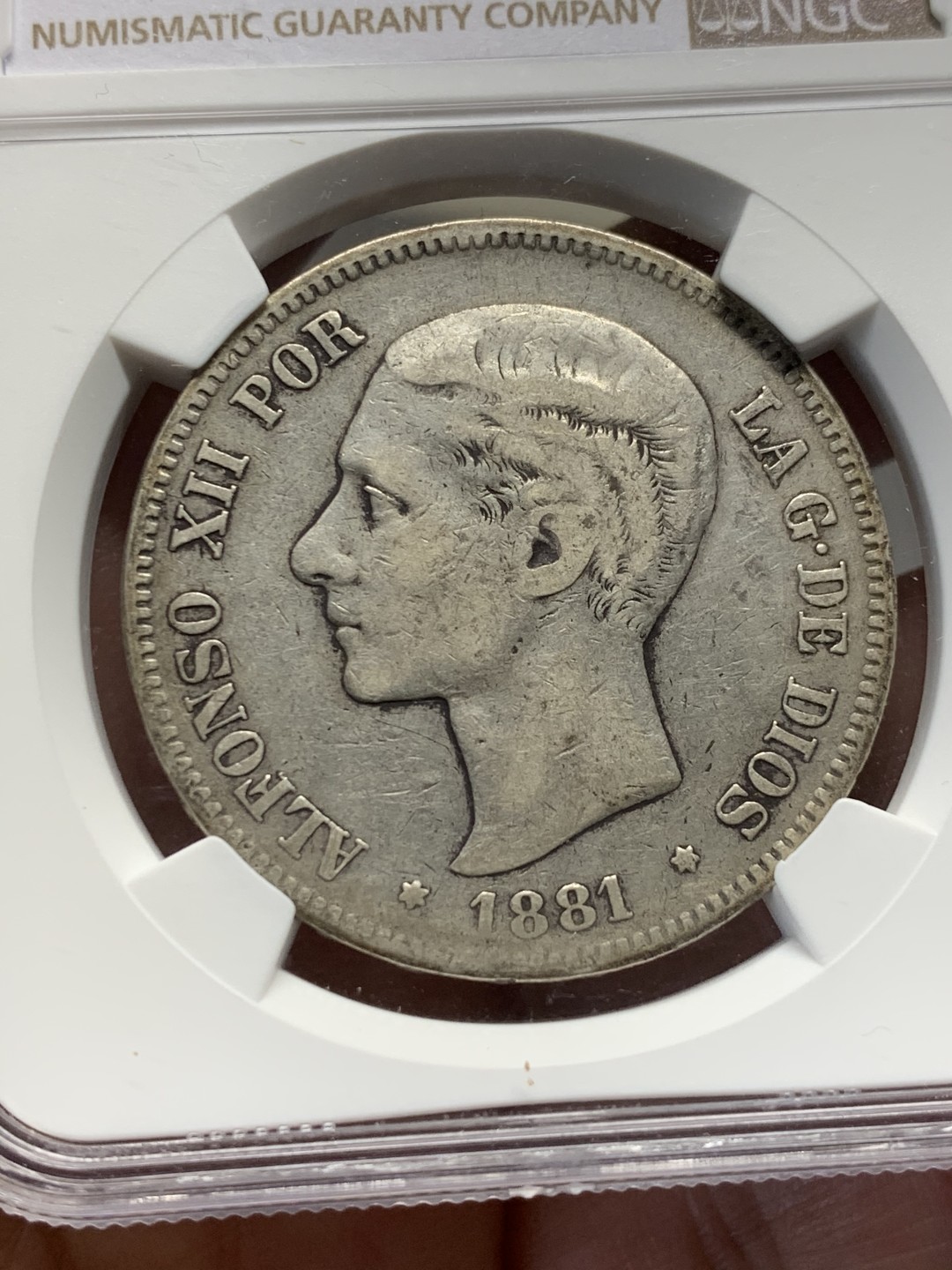 《竞宝斋》第135场-周日，周一连拍 (全场包邮) NGC-VF35 西班牙 1881(81)年 阿方索十二世5比塞塔银币 原味包浆