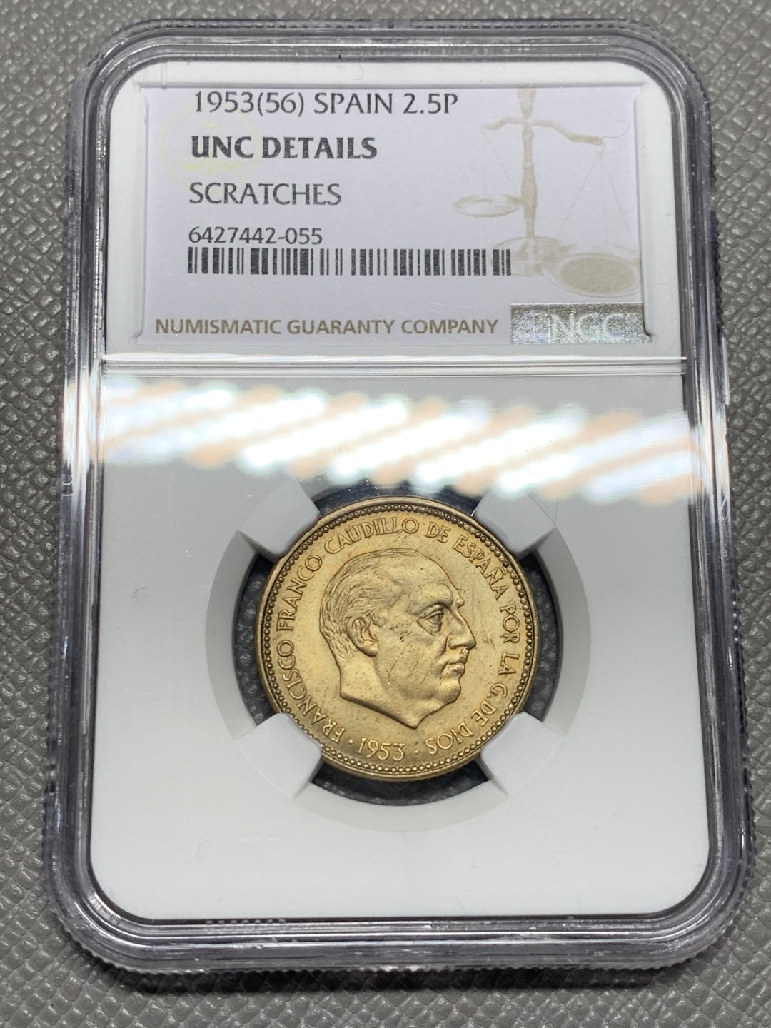 《竞宝斋》第135场-周日，周一连拍 (全场包邮) NGC-UNC 西班牙1953年 佛朗哥2.5比塞塔铜币 这奇葩面值就发行过这一次很少见