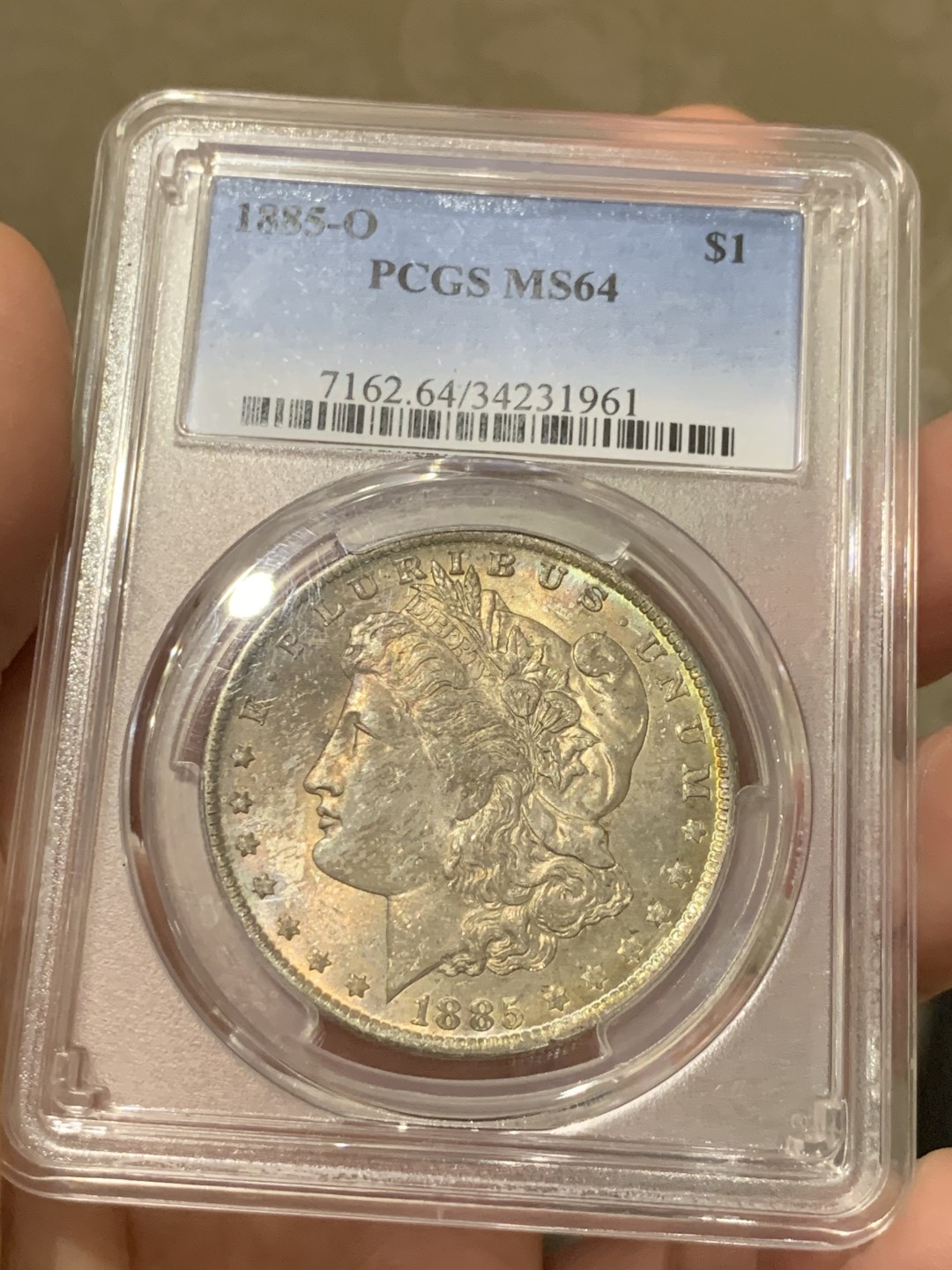《竞宝斋》第135场-周日，周一连拍 (全场包邮) PCGS-MS64 美国1885年 摩根银币 光度好 蓝绿包浆 非常漂亮