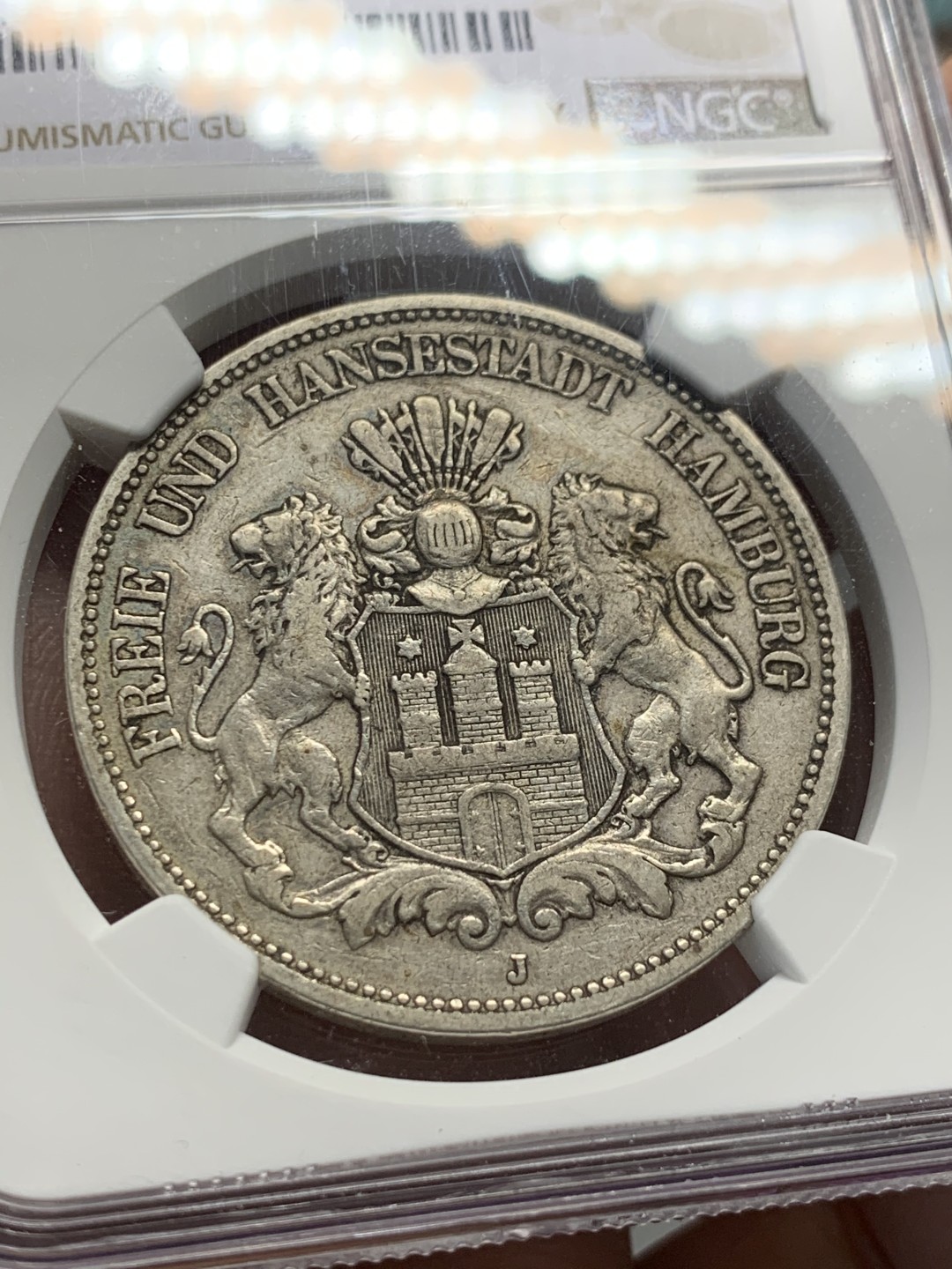 《竞宝斋》第135场-周日，周一连拍 (全场包邮) NGC-XF45 德国 1893年 汉堡双狮5马克银币 早期年份留存稀少，出分不易，45已是季军分