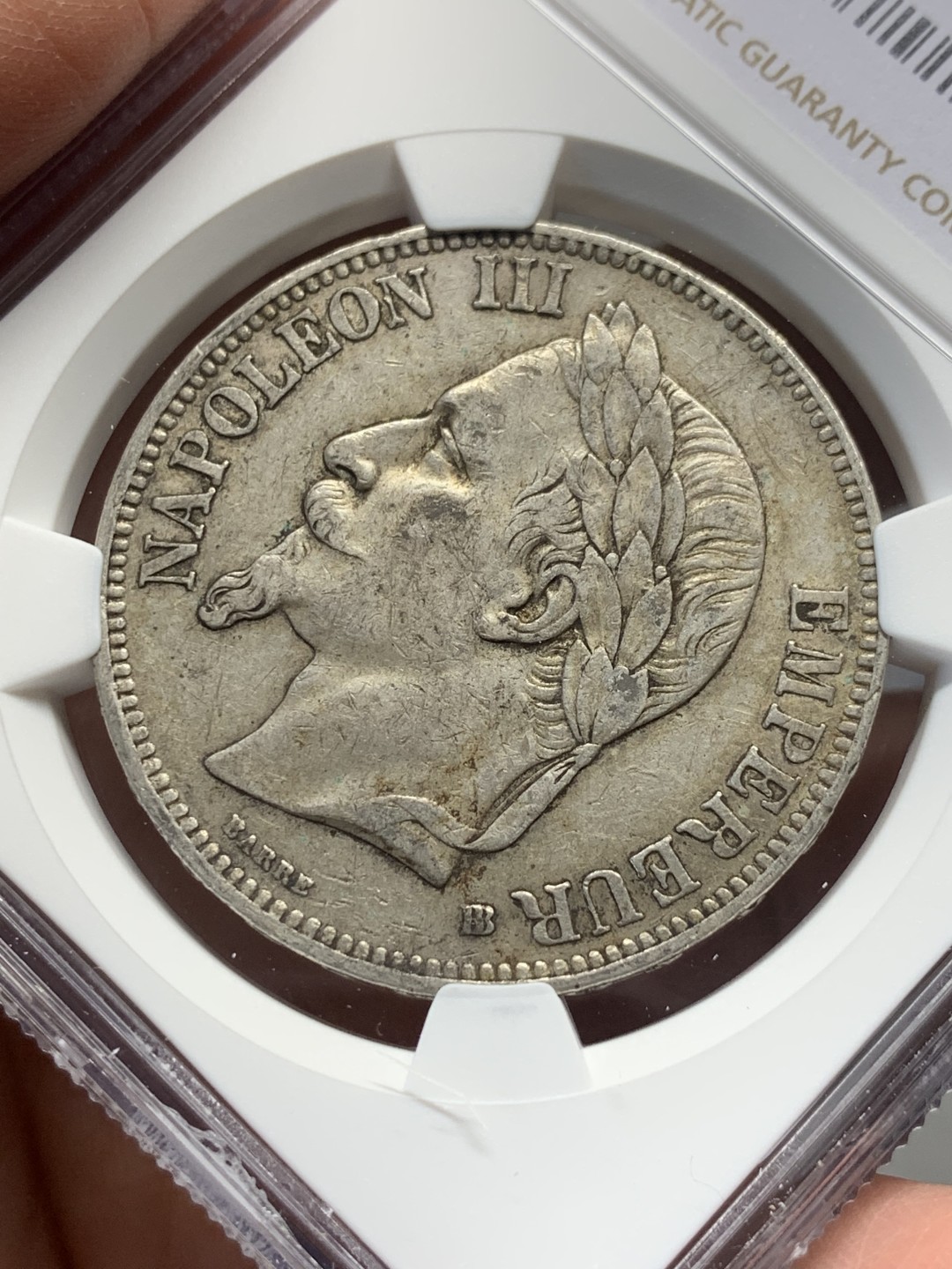 《竞宝斋》第135场-周日，周一连拍 (全场包邮) NGC AU53 法国 1867年 拿三 5法郎银币 原味好细节不多的年份