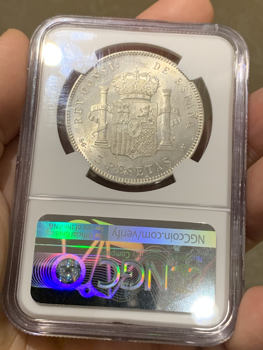 《竞宝斋》第135场-周日，周一连拍 (全场包邮) NGC MS63 西班牙 1898年 阿方索十三世 5 比塞塔 银币 十字车轮光 极美