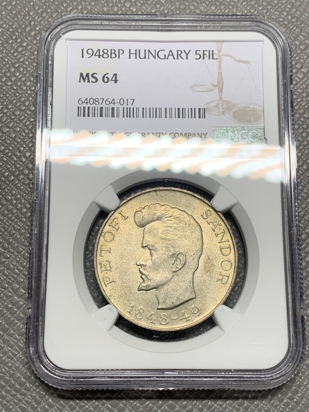 《竞宝斋》第135场-周日，周一连拍 (全场包邮) NGC-MS64 匈牙利1948年 5福林银币 顶级粉光