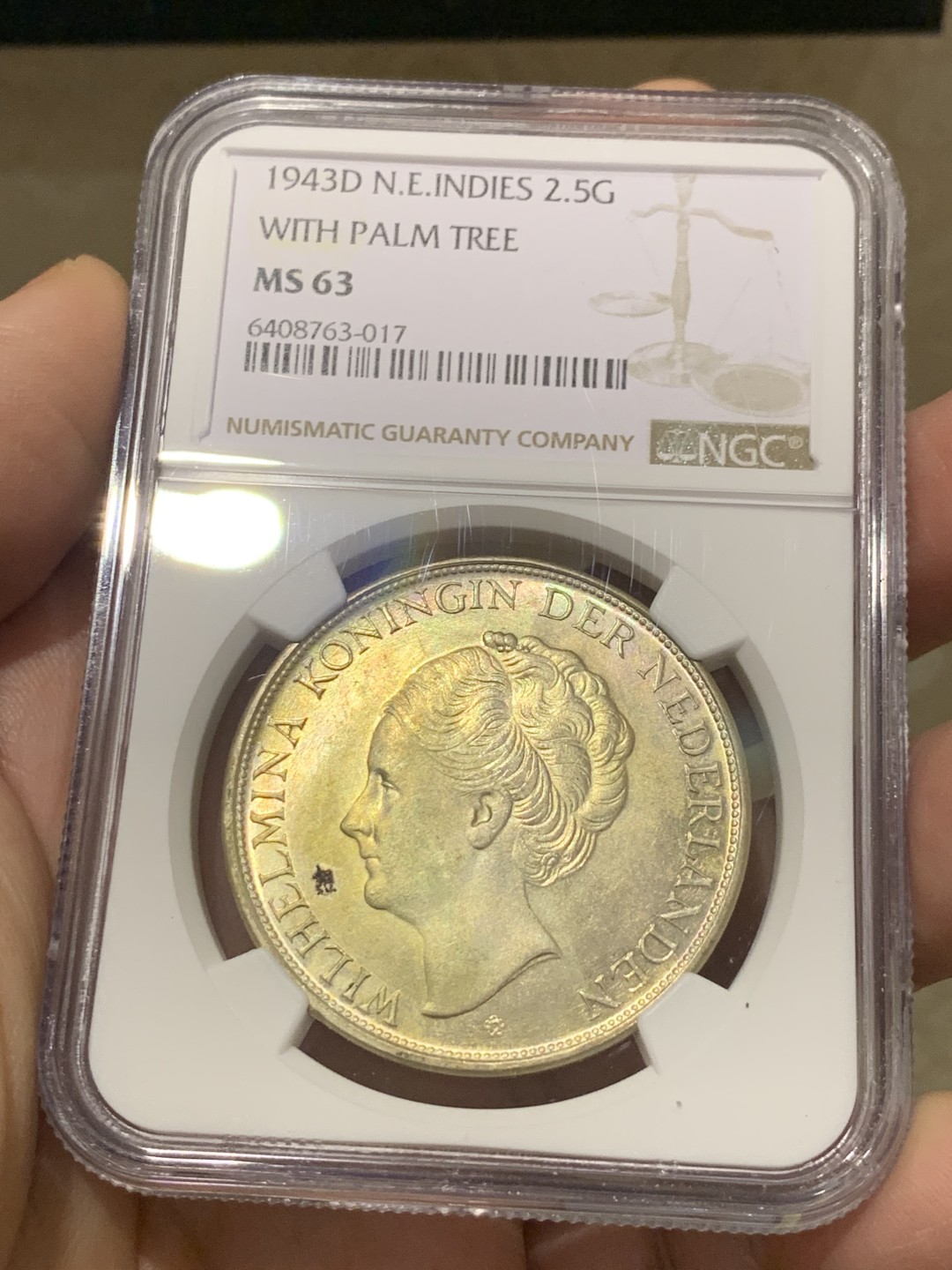 《竞宝斋》第135场-周日，周一连拍 (全场包邮) NGC-MS63 荷属东印度1943年 威廉米娜女王2.5盾大银币 殖民地的币都涨的凶