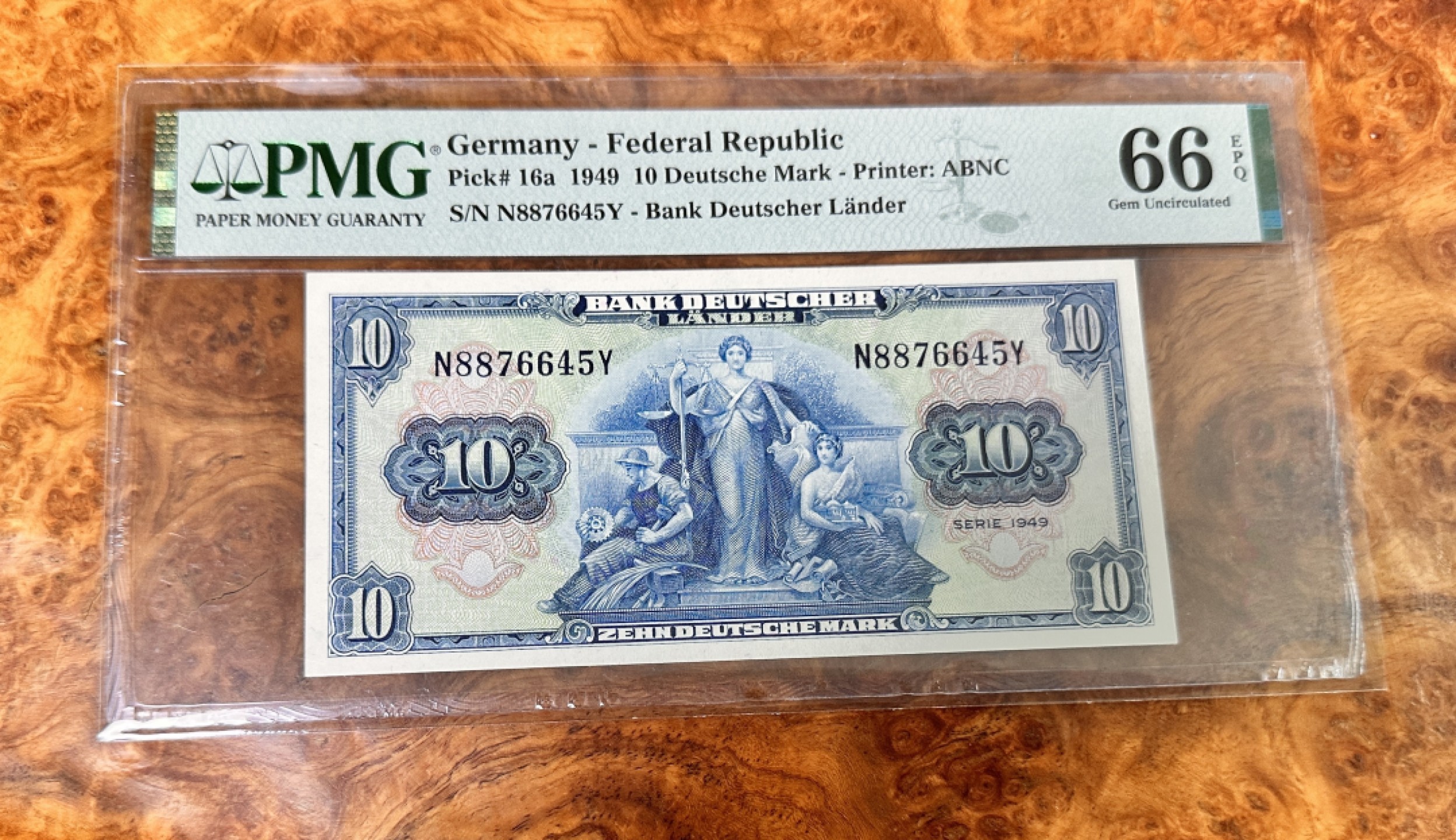 Chase Auction 第17期 - - 外钞、民国钞和人民币混合场！（临时有事，推迟到20号） 1949年德国10马克，PMG66分！人物雕刻精致，老票上分不易！