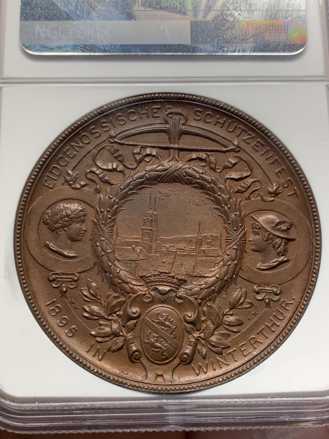 《竞宝斋》第135场-周日，周一连拍 (全场包邮) NGC MS62 1895年瑞士温特图尔射击节铜章 质感温润