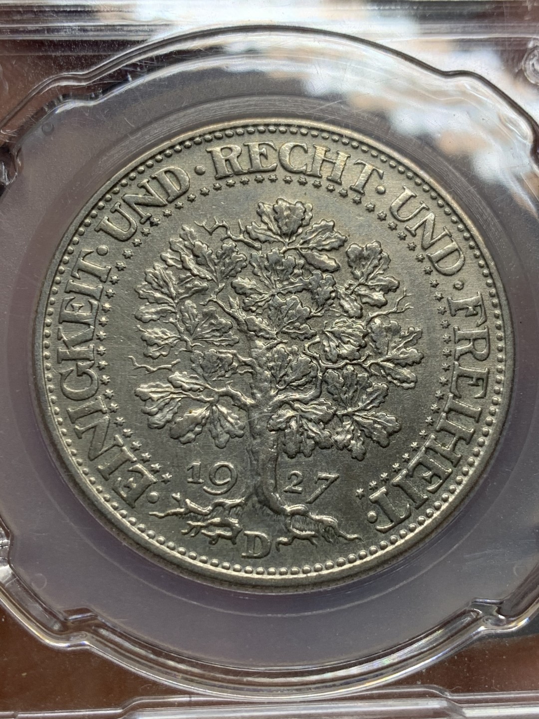《竞宝斋》第135场-周日，周一连拍 (全场包邮) 信泰-AU55 德国 1927年橡树 5马克银币