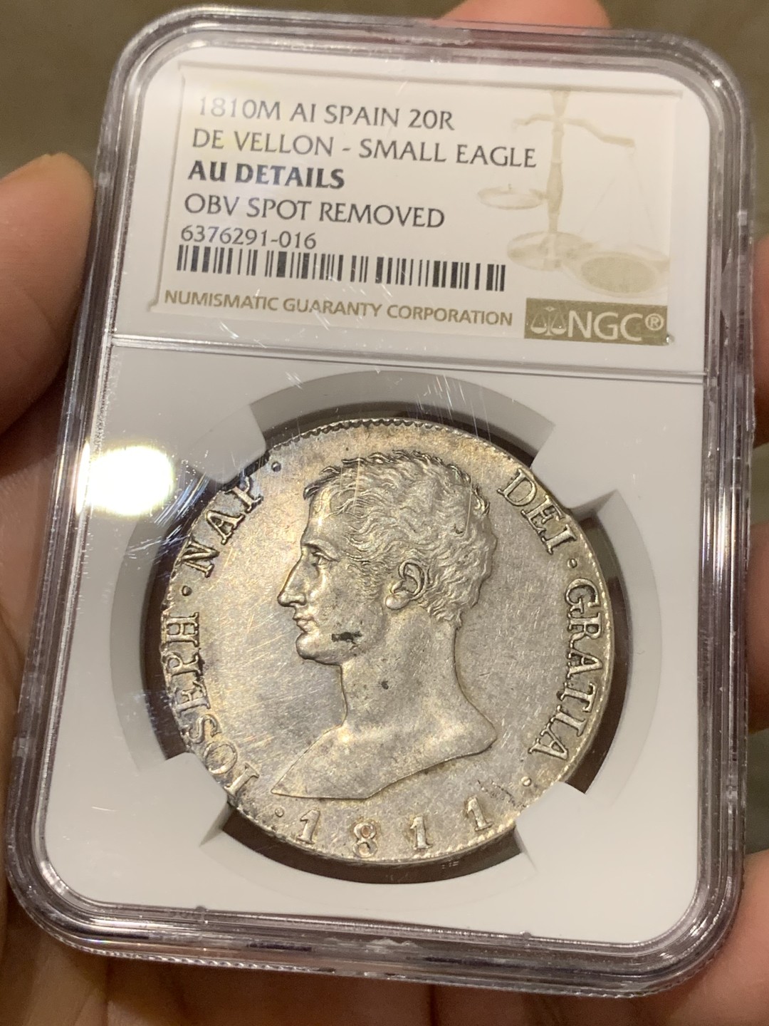 《竞宝斋》第135场-周日，周一连拍 (全场包邮) NGC AU 1810年 法占西班牙 约瑟夫拿破仑20R银币，细节极佳 发丝清晰