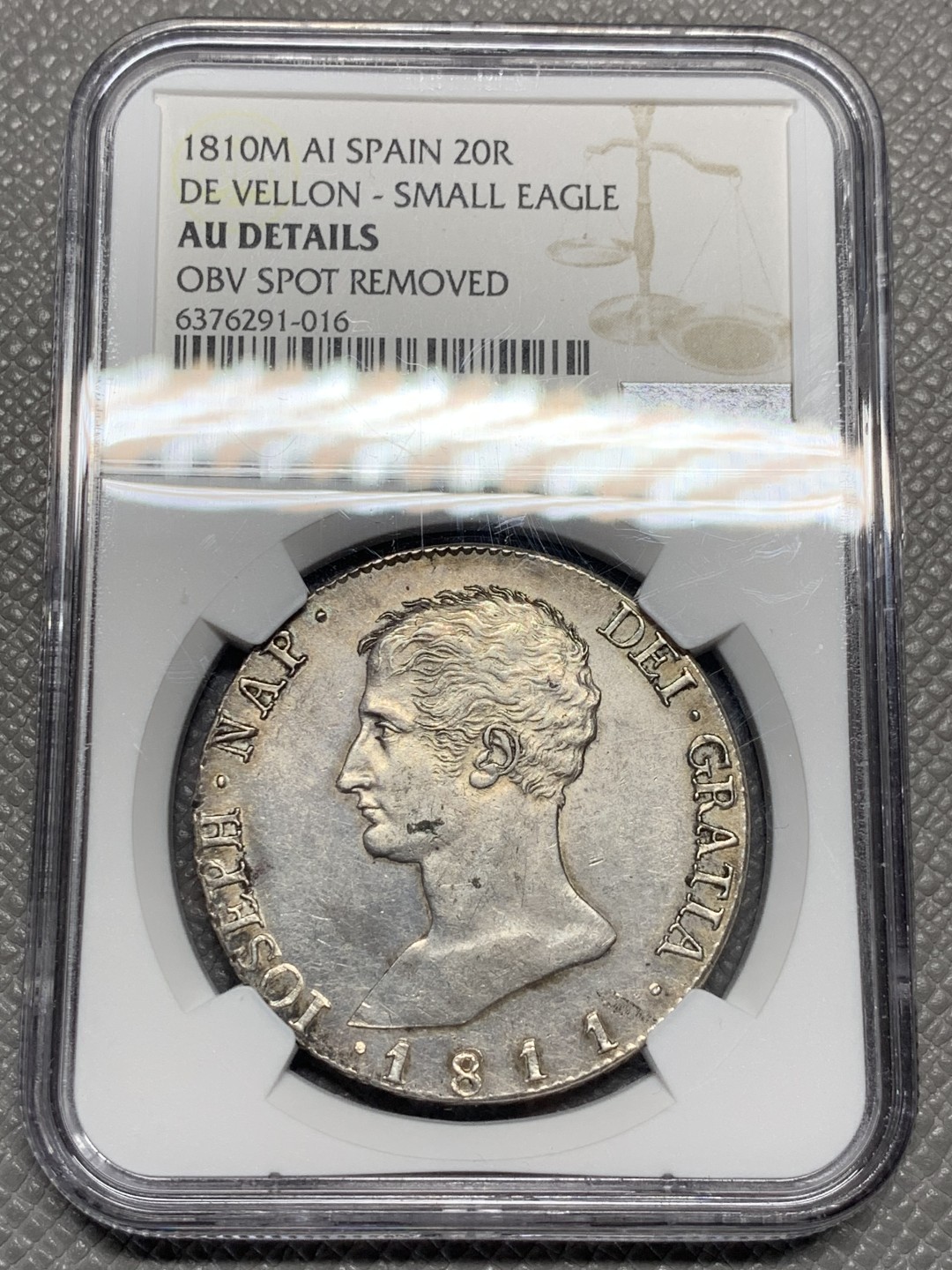 《竞宝斋》第135场-周日，周一连拍 (全场包邮) NGC AU 1810年 法占西班牙 约瑟夫拿破仑20R银币，细节极佳 发丝清晰