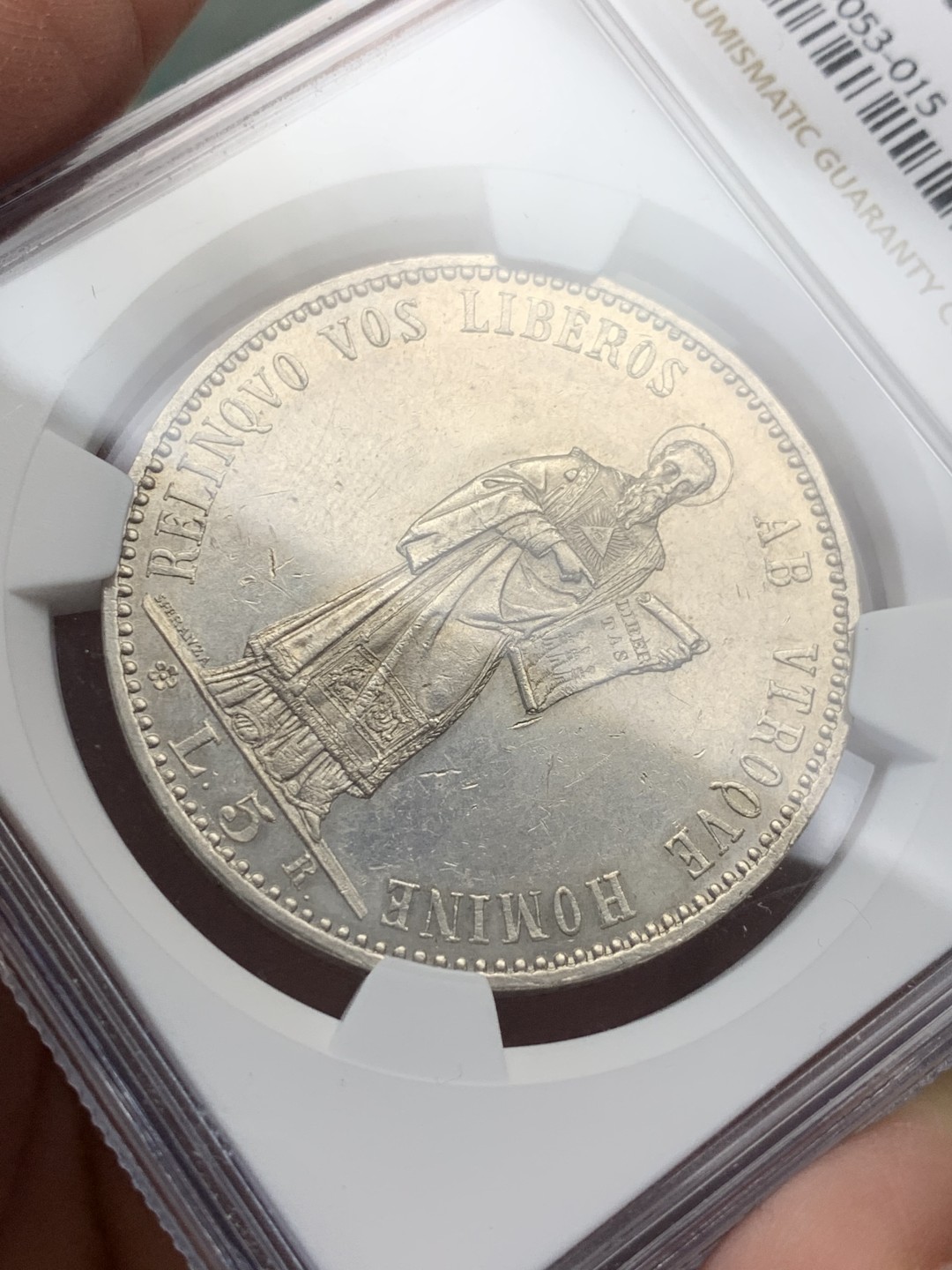 《竞宝斋》第135场-周日，周一连拍 (全场包邮) NGC MS61 圣马力诺 1898年R 5里拉 银币外拍热门品种