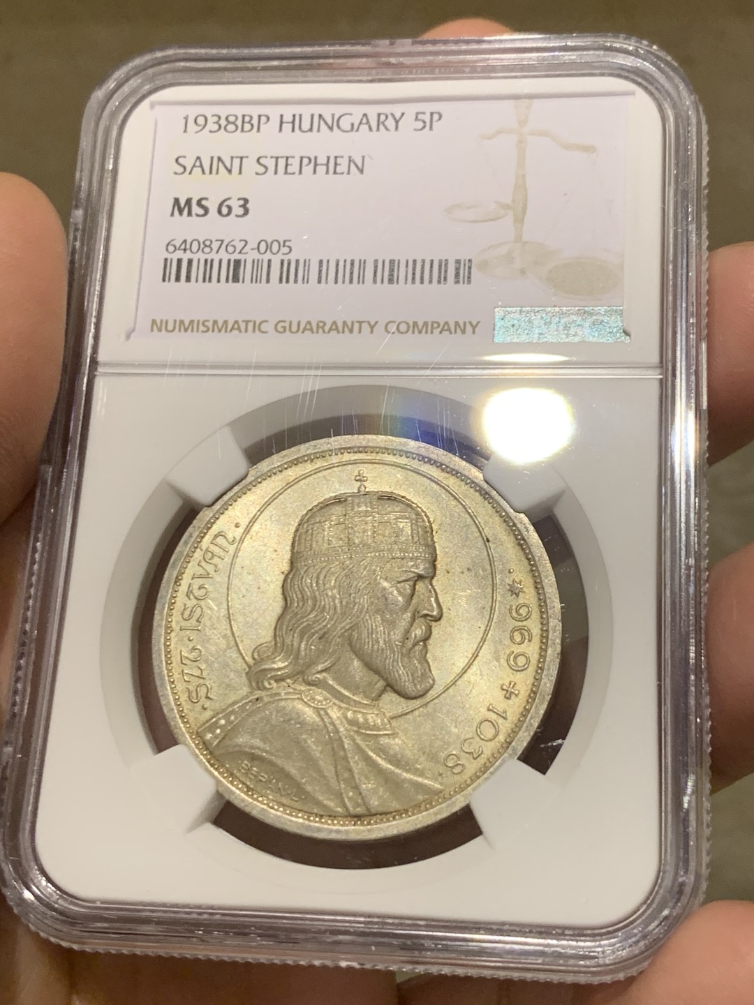 《竞宝斋》第135场-周日，周一连拍 (全场包邮) NGC-MS63 匈牙利1938年 斯蒂芬5潘果大银币 暴涨品种