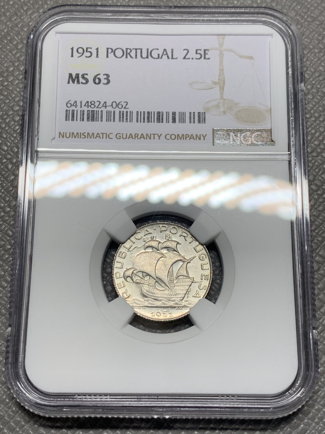 《竞宝斋》第135场-周日，周一连拍 (全场包邮) NGC-MS63 葡萄牙1951年 2.5埃斯库多大帆船银币