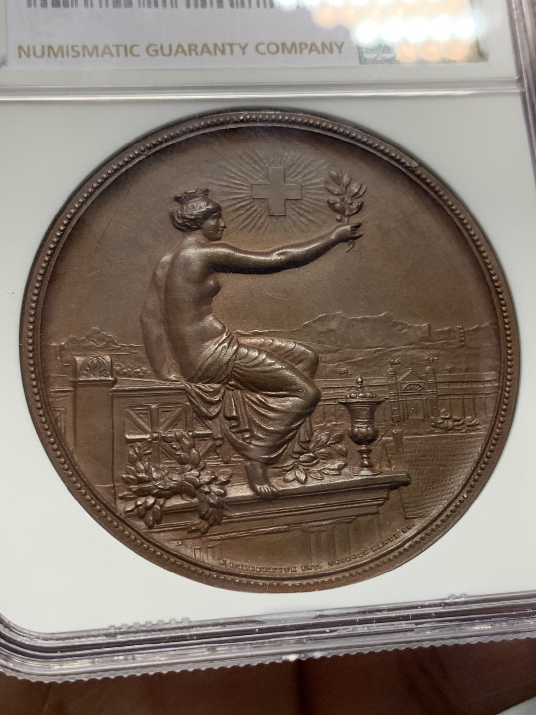 《竞宝斋》第135场-周日，周一连拍 (全场包邮) NGC MS62 1895年瑞士温特图尔射击节铜章 质感温润