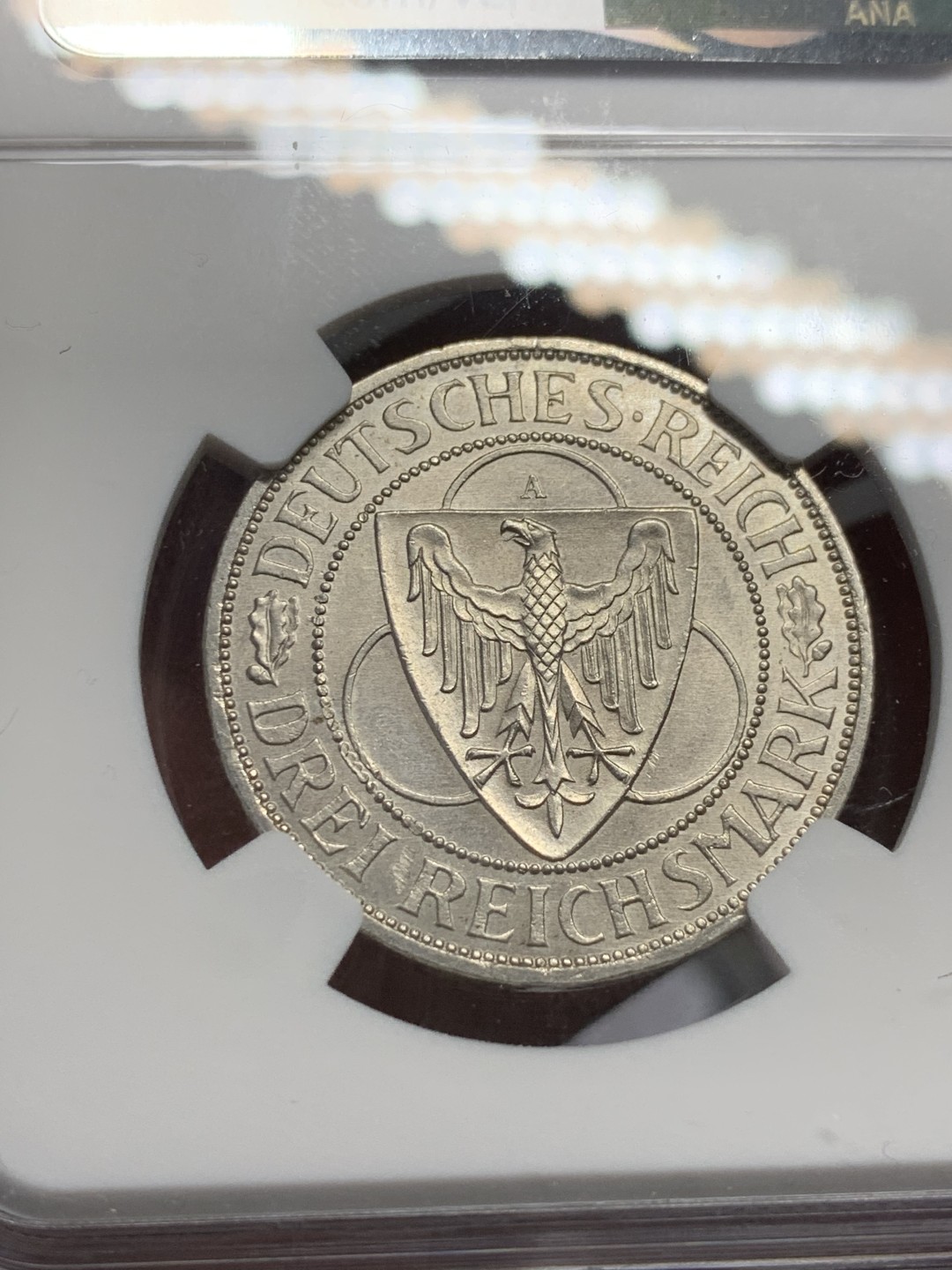 《竞宝斋》第135场-周日，周一连拍 (全场包邮) NGC-MS64 魏玛德国1930年莱茵解放 鹰桥3马克纪念银币