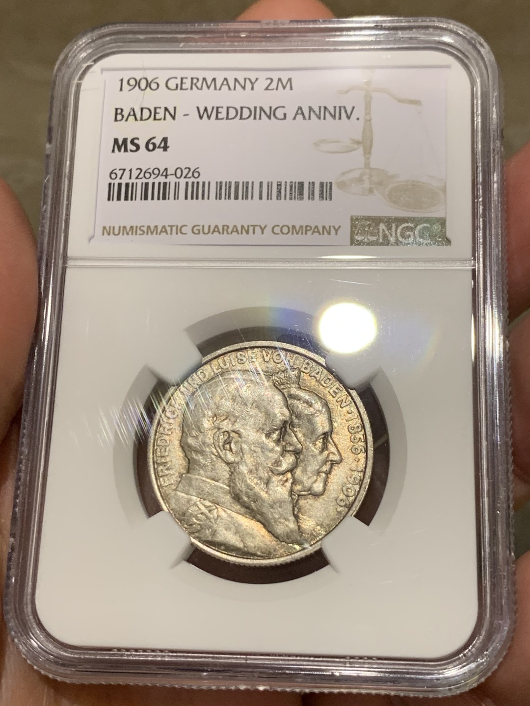 《竞宝斋》第135场-周日，周一连拍 (全场包邮) NGC-MS64 德国巴登1906年金婚纪念2马克银币 五彩包浆 赏心悦目